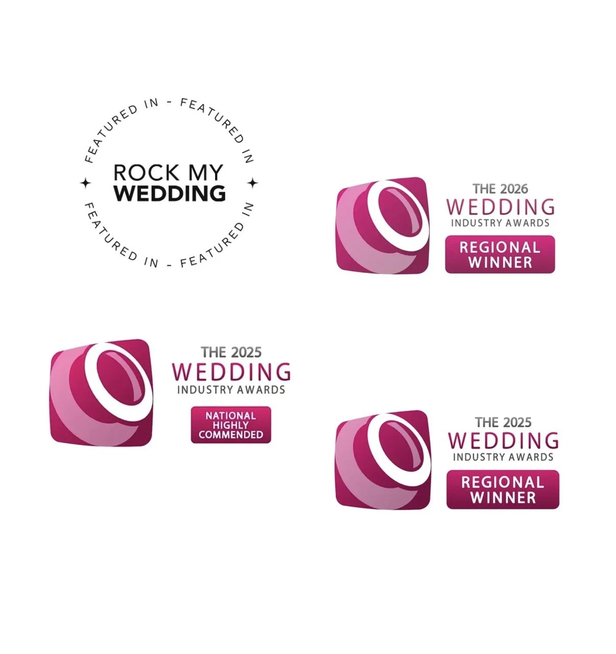 Collection of award badges for wedding industry recognitions from 2025 and 2026, including regional winner and highly recommended awards, with logos in pink, purple, and white.
