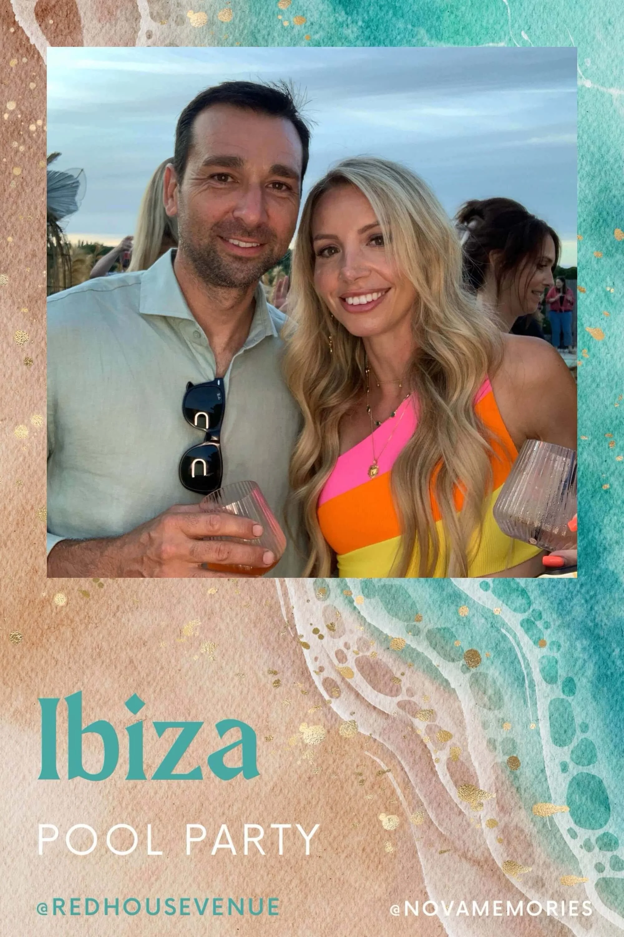 A photo of a man and woman smiling at a yacht party on a boat during the daytime, holding wine glasses, with a cloudy sky in the background.