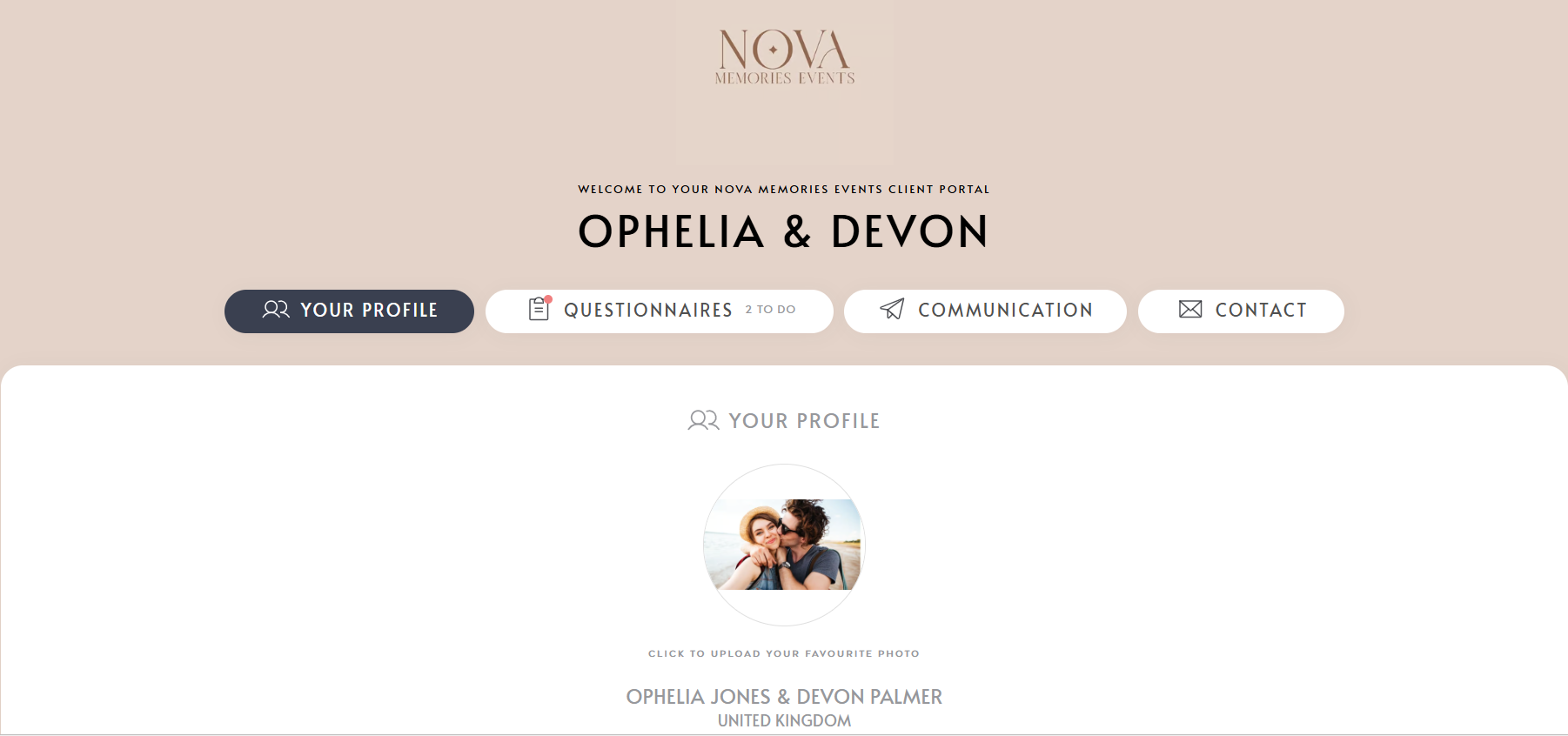 NOVA Memories Events client portal page welcoming Ophelia and Devon, with profile picture of two women embracing, and navigation buttons for profile, questionnaires, communication, and contact.