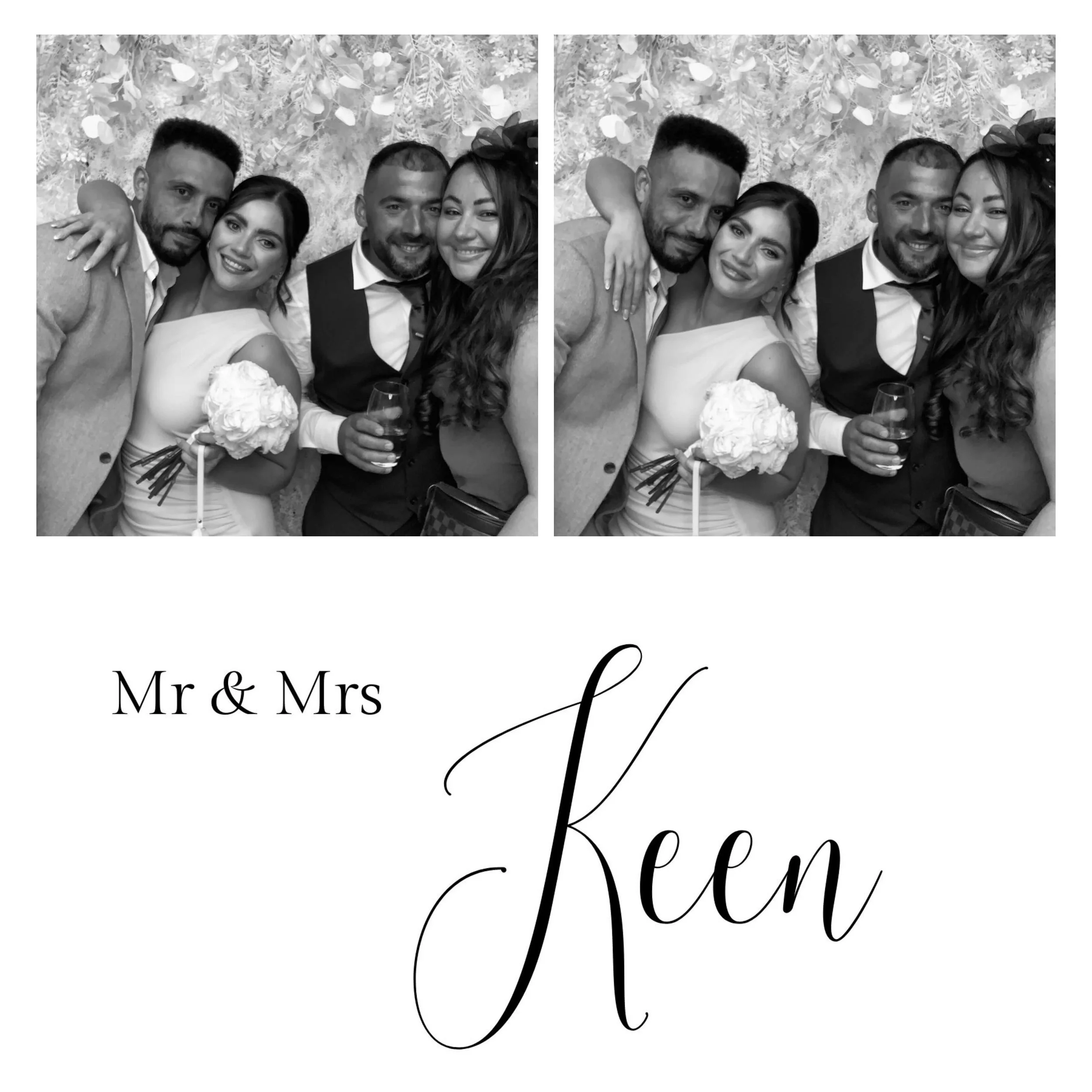 A black-and-white wedding sign with a photo of a couple embracing, holding a bouquet and a glass of wine, with the words 'Mr & Mrs' and 'Let Love' written on it.