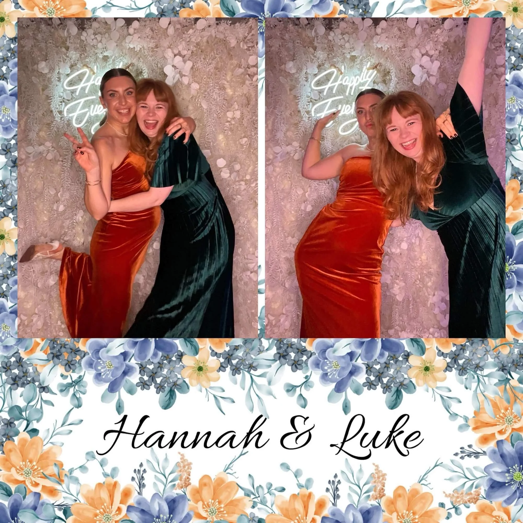 A colorful wedding or celebration card with a floral border, two photos of women smiling and having fun, and the names Hannah & Luke written in cursive.