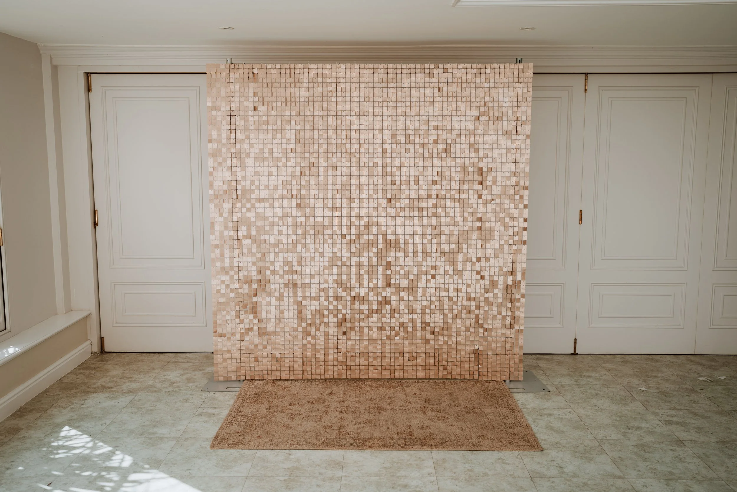 shimmer wall backdrop , positioned in front of two white paneled closet doors in a room with cream walls and beige flooring.