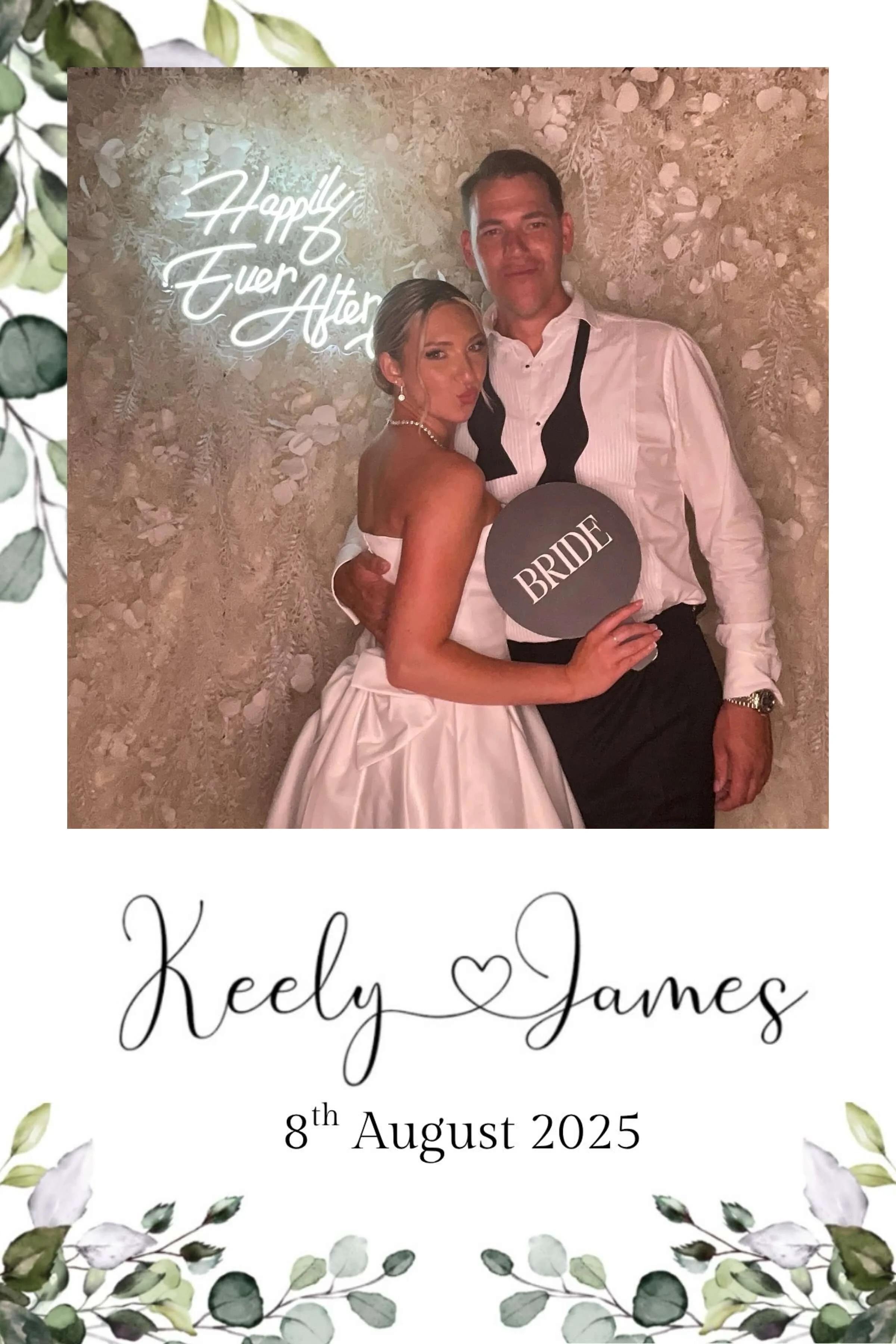 Image of a wedding invitation featuring a photo of the bride and groom, Beely and James, with a background of floral designs and a neon sign reading 'Happily Ever After,' dated August 8, 2025.