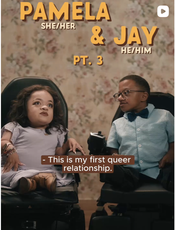 Loving trans couple sit in power wheelchairs with a floral backdrop. Text reads," Pamela & Jay Pt. 3". Links to TikTok.
