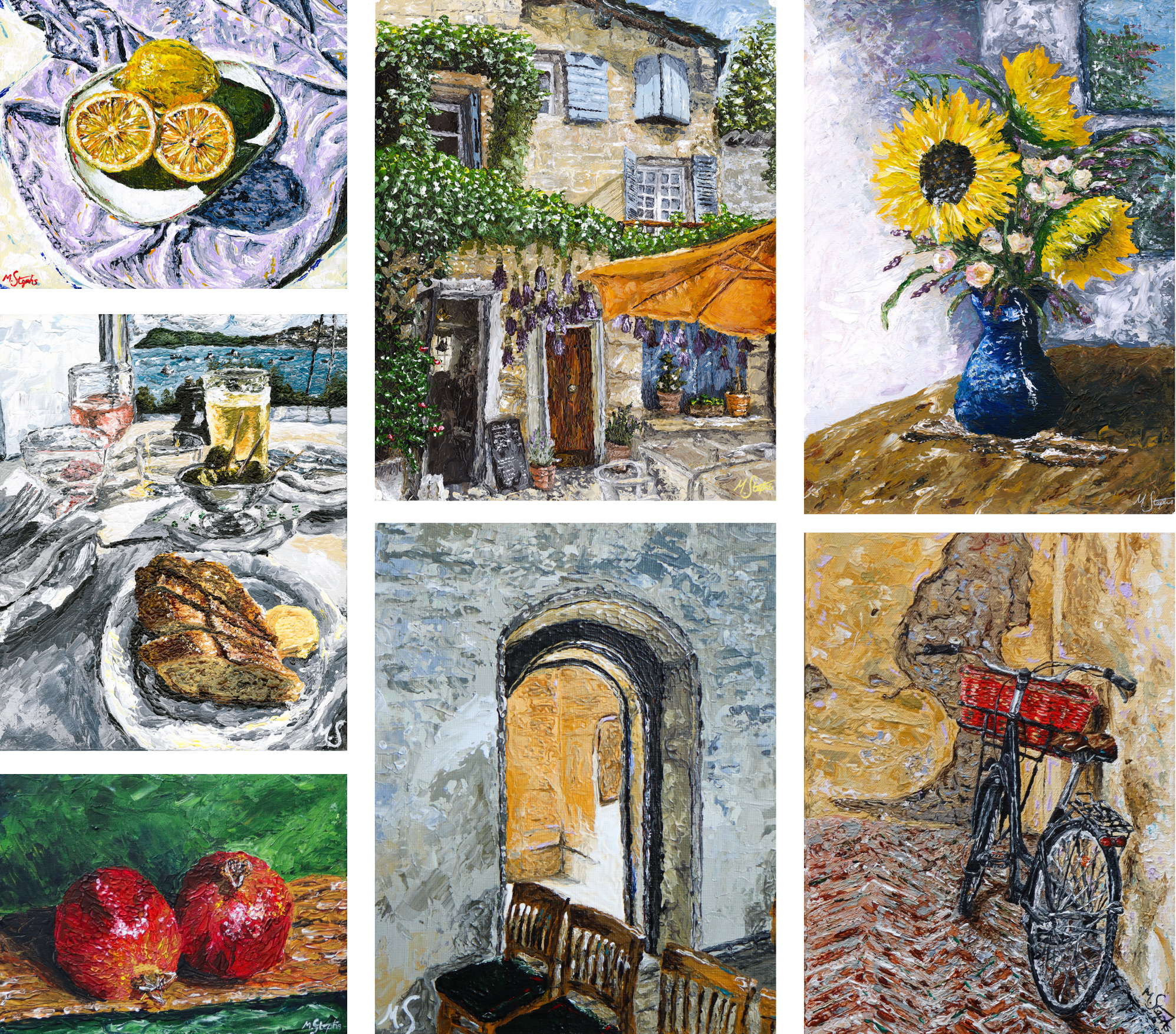 A collage of paintings including a bowl of citrus fruit, a village scene with stone houses and blooming plants, a sunflower bouquet, a seaside view with boats, a decorative door, a basket of fruit, and a bicycle on a tiled street.
