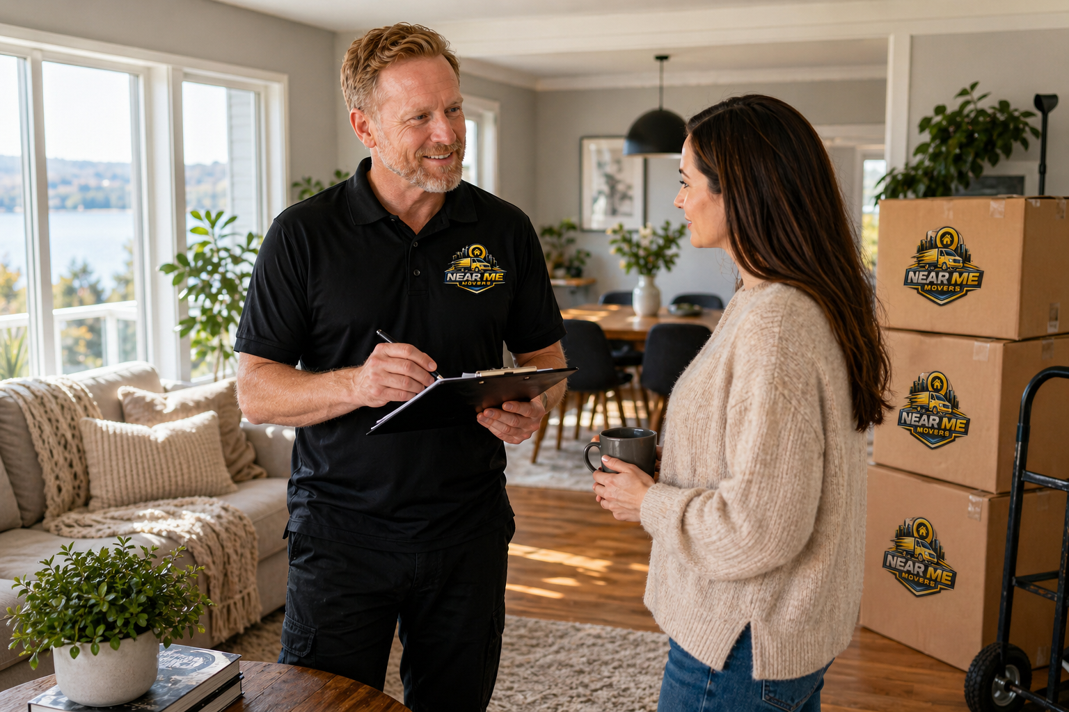 A man in a black polo shirt talking to a woman in a beige sweater inside a living room. They are smiling, and the man is holding a clipboard and pen, while the woman is holding a mug. Moving boxes with «Near Me Movers» logos are in the background.