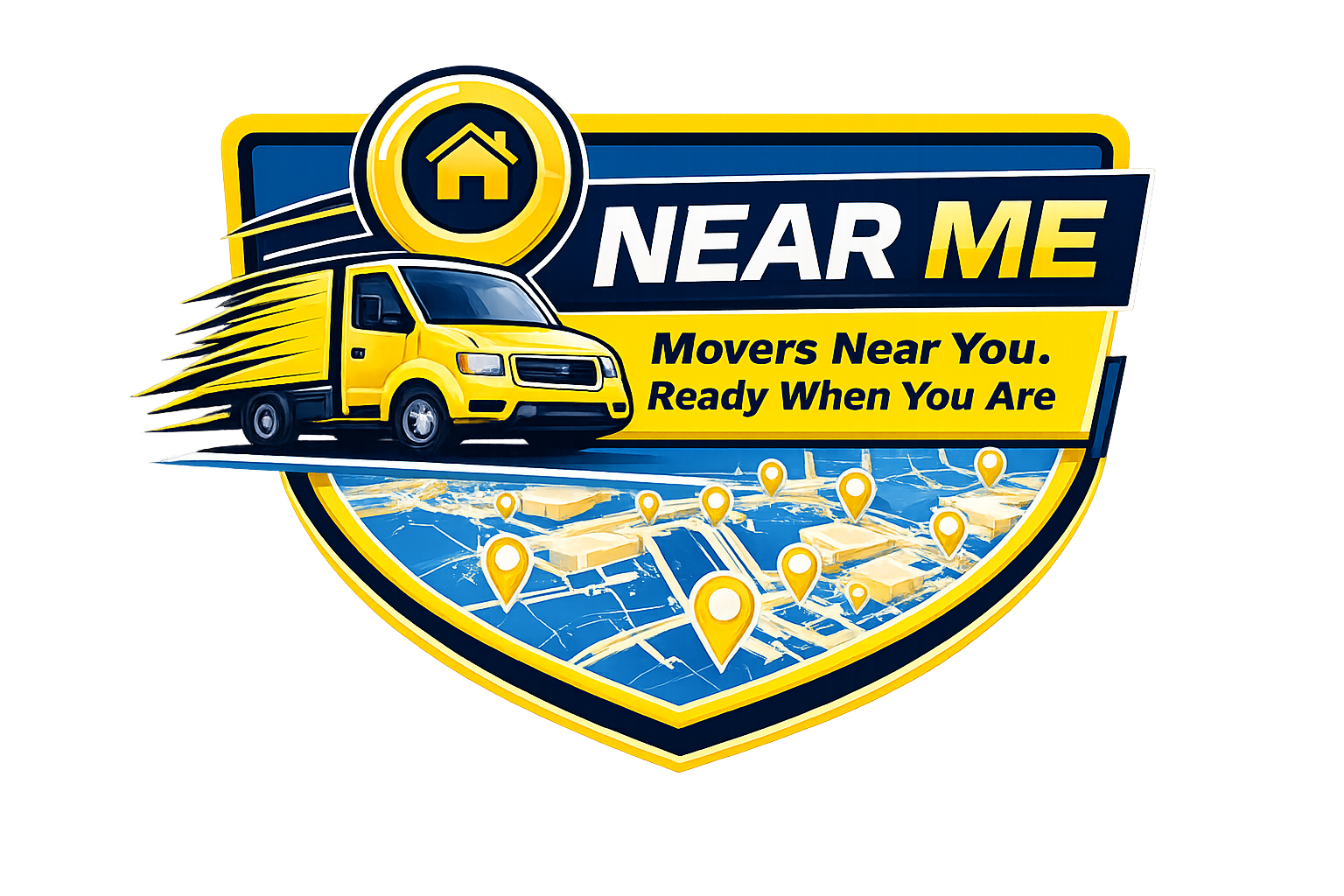 A logo for a moving service called 'Near Me' featuring a yellow moving truck, a map with location pins, and the tagline 'Movers Near You. Ready When You Are'.