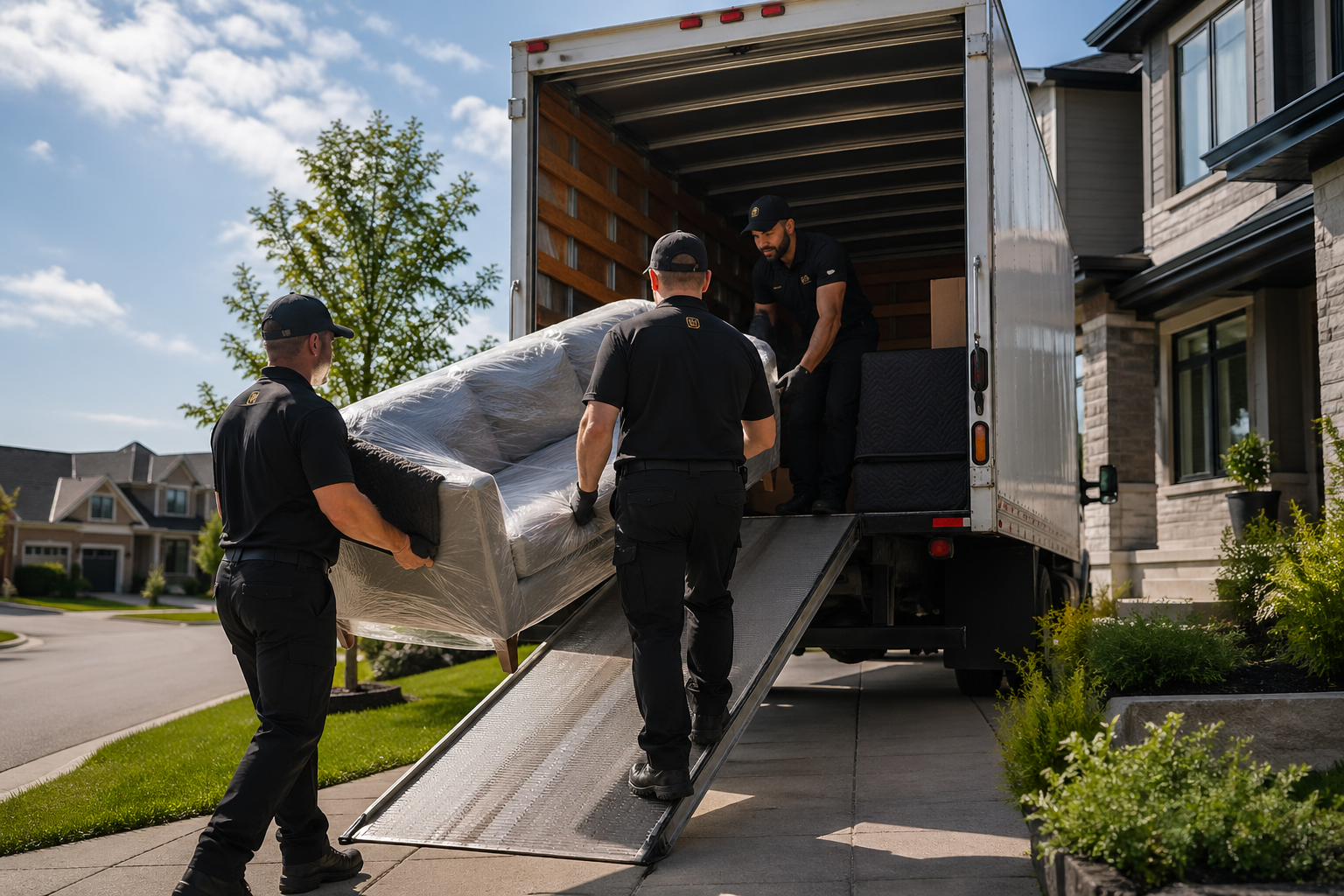 Three movers loading furniture into a moving truck on a residential street.