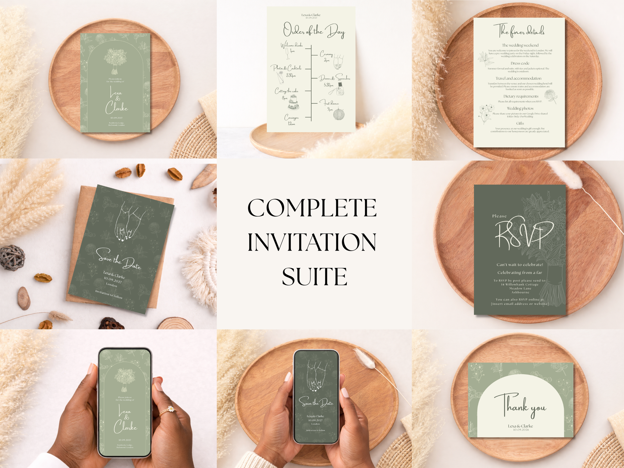 An overhead shot of wedding stationery items including invitations, RSVP cards, an order of the day, and details sheet, arranged on wooden plates and surrounded by decorative earthy-toned elements and dried plants.