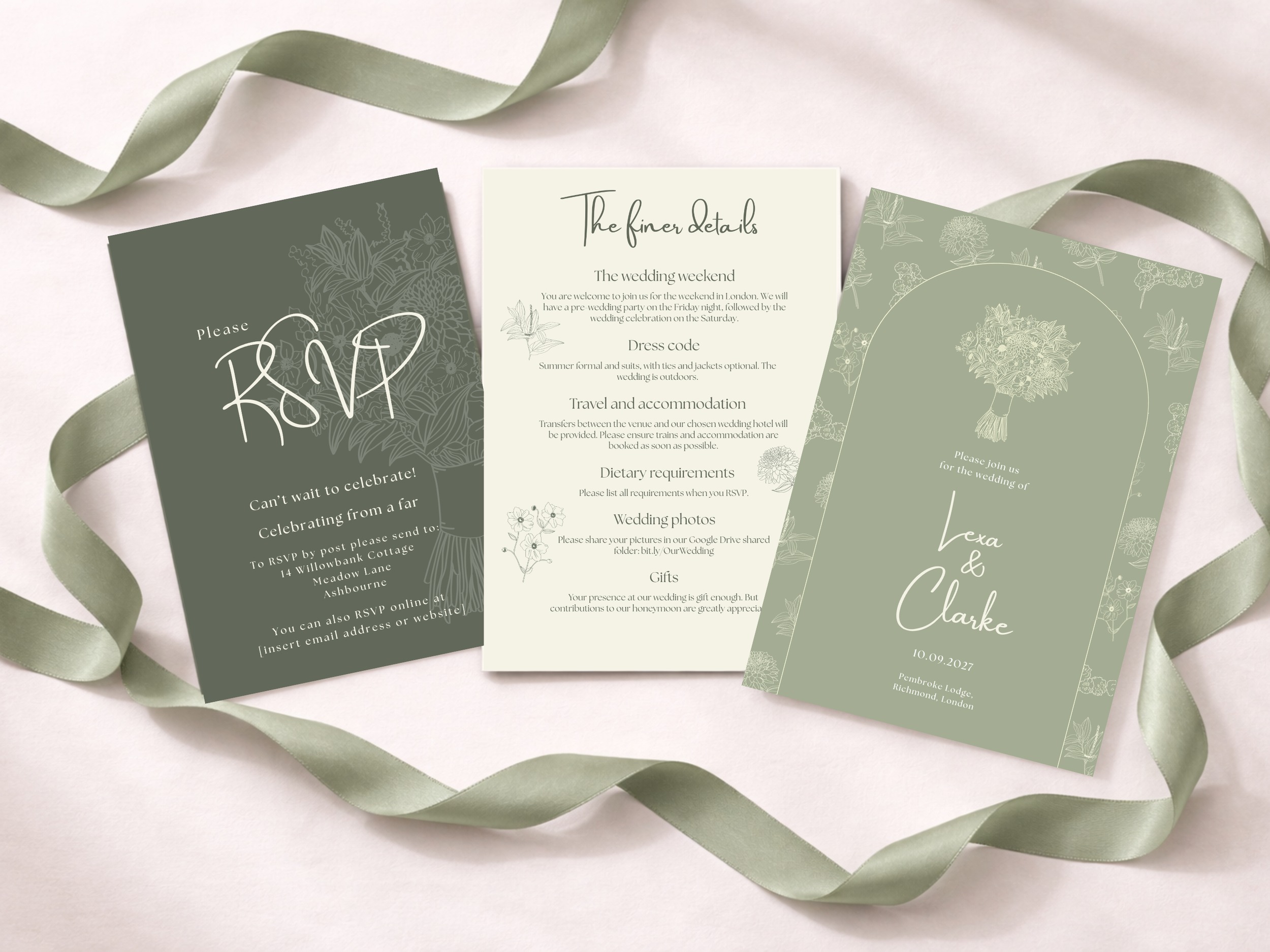 Wedding invitation cards in green and cream colors with floral designs, with a green satin ribbon surrounding them.