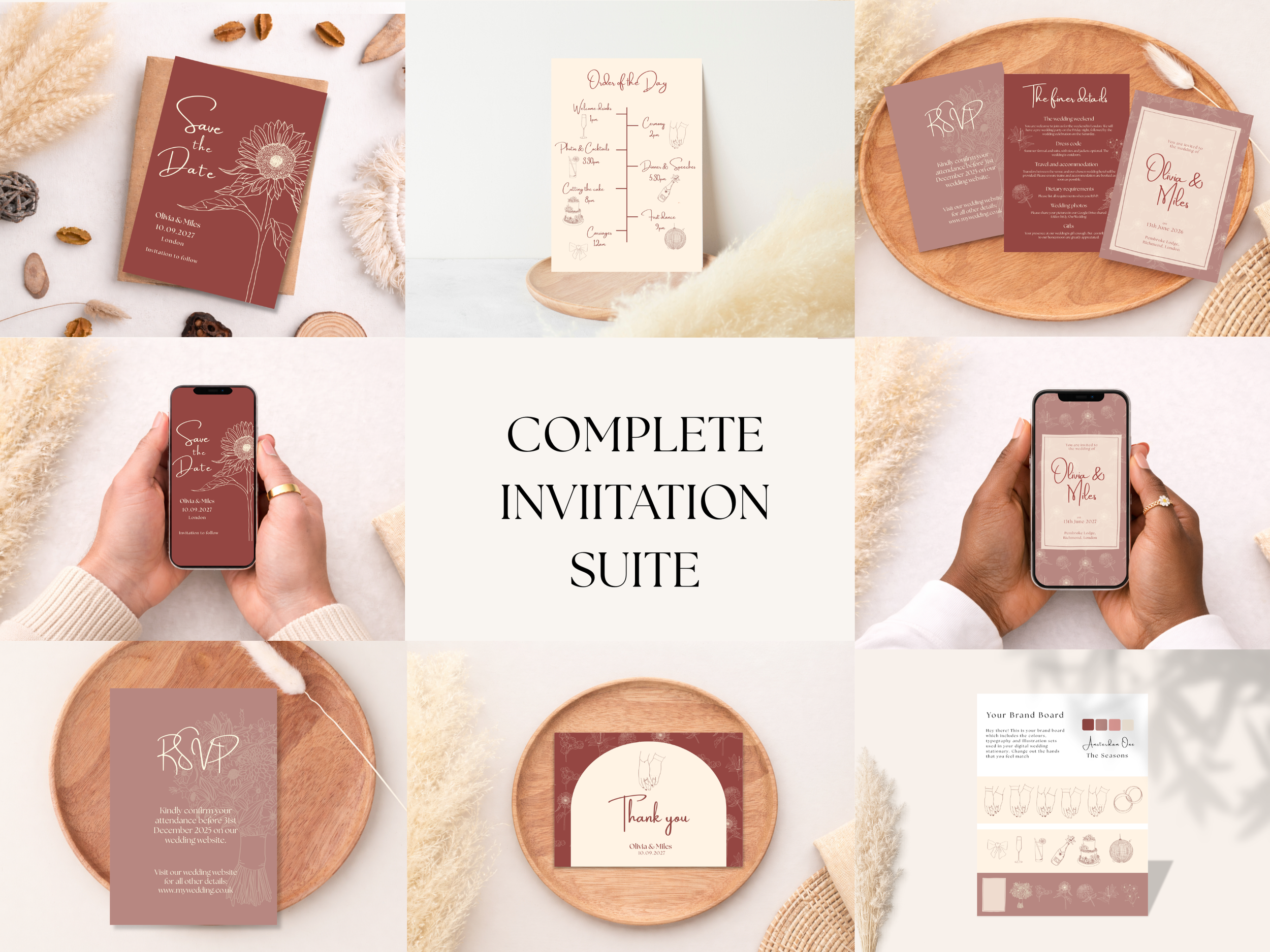 Wedding invitation suite with save the date, RSVP, thank you, and other wedding details cards in a muted mauve and cream color scheme, displayed on wooden plates with dried decorative plants around.