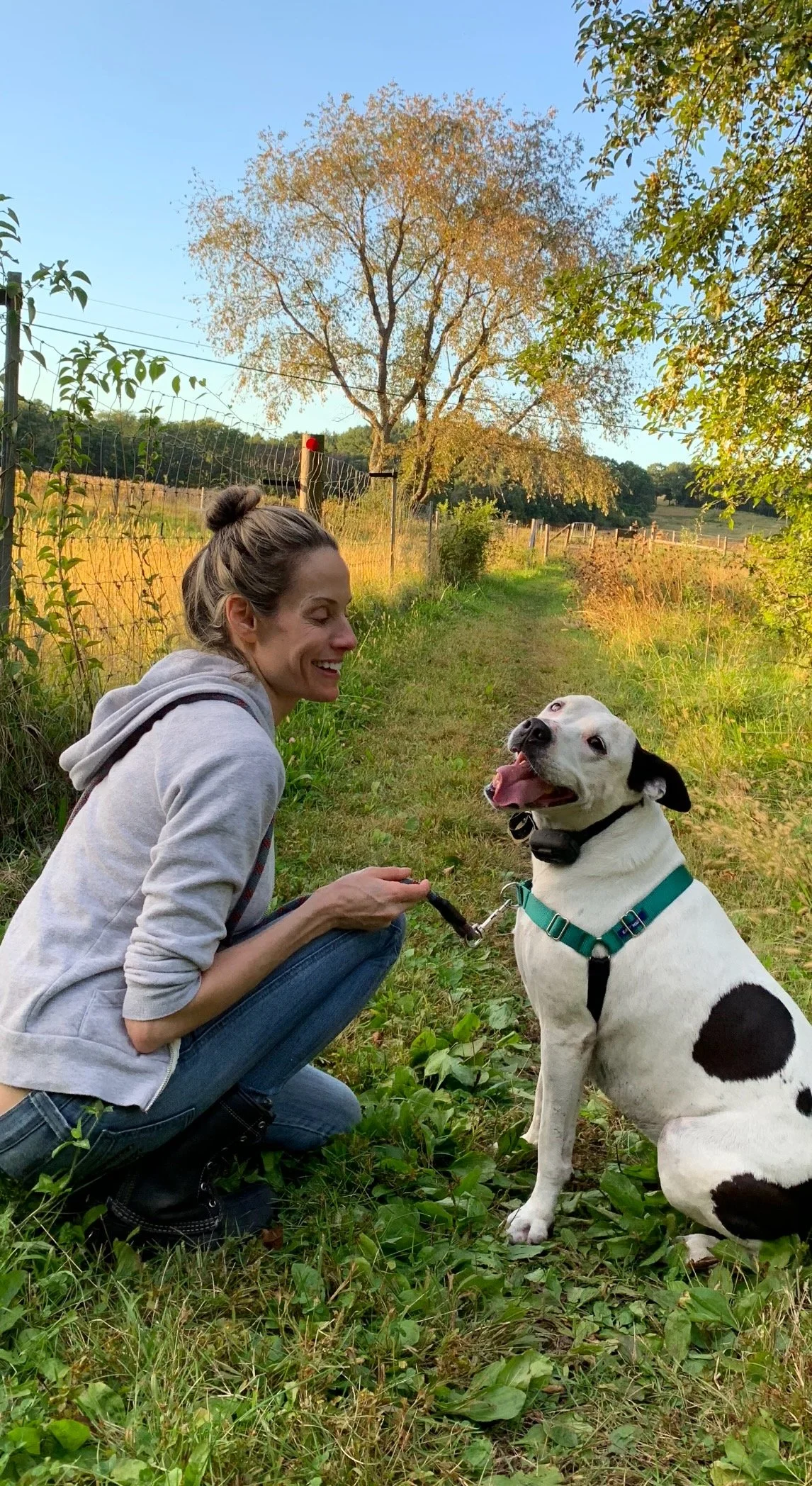 A woman in a gray hoodie squatting on grass and smiling at a white dog with black spots, sitting on a grassy path with trees and open fields in the background under a blue sky.