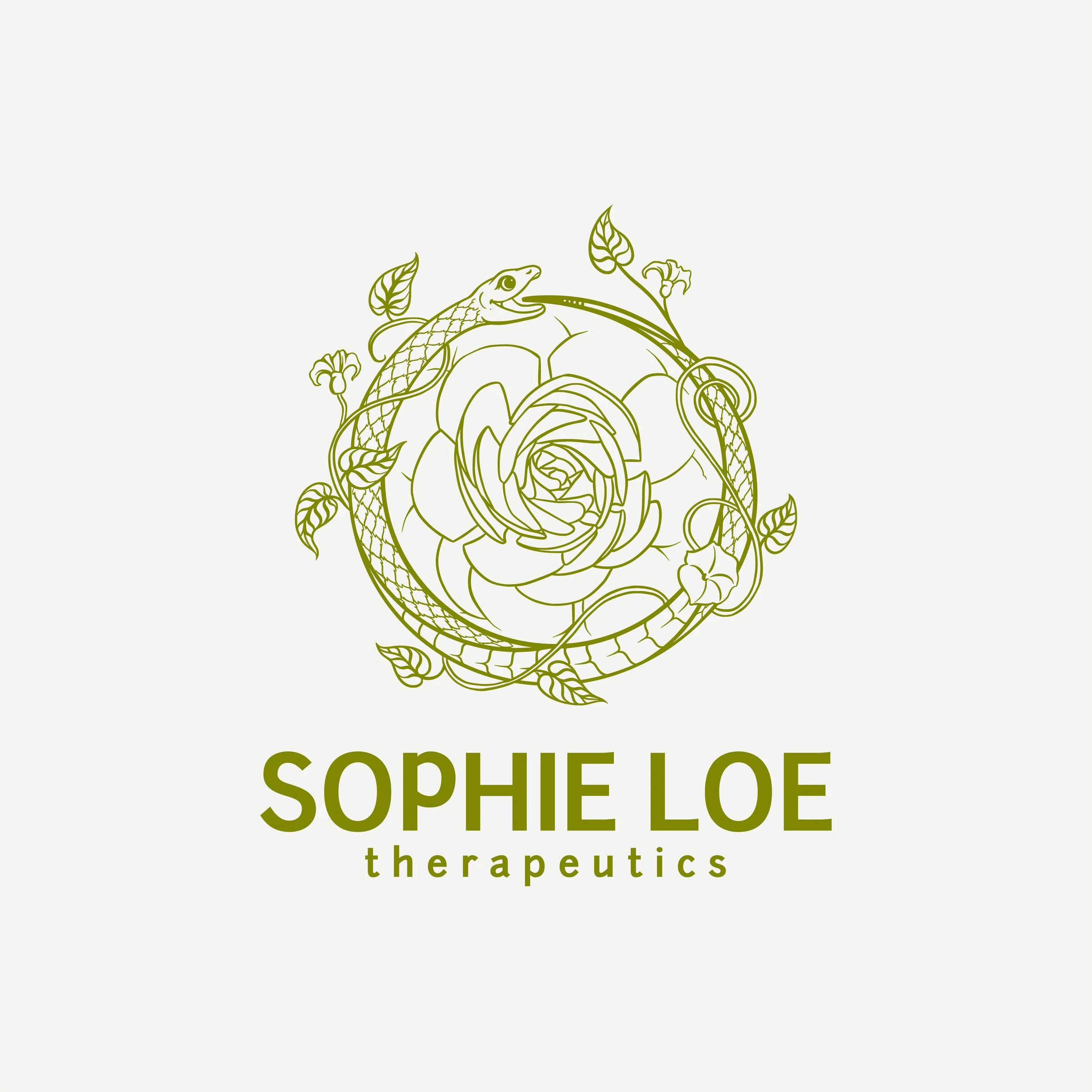 Illustration of a snake wrapped around a rose with leaves, accompanied by the text 'Sophie Lo the therapeutic'.