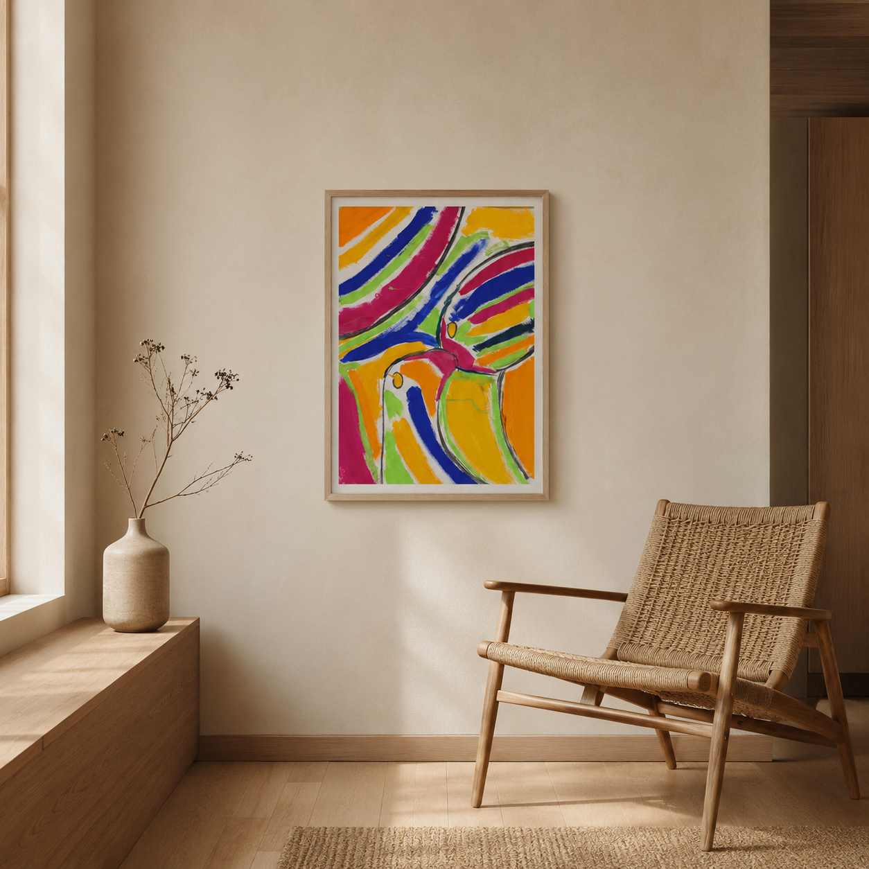 Ein Wohnzimmer mit einer bunten abstrakten Malerei an der Wand, einer natürlichen Holzbank unter dem Fenster, einer Vase mit Zweigen auf einer Holzablage und einem Rattansessel.
