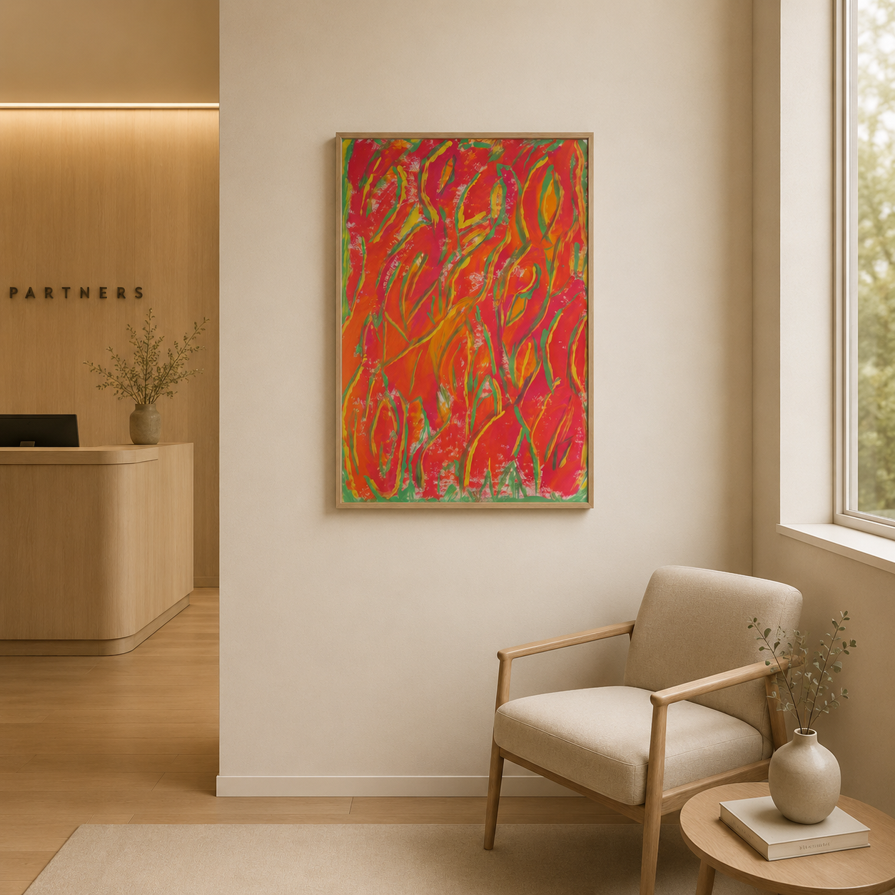 Das Bild zeigt einen Raum mit einem bunten abstrakten Gemälde an der Wand, einem beigen Sessel, einer kleinen runden Holz-Tablett mit einem Buch und einer Vase mit grünen Zweigen, sowie einen Empfangstresen mit einer Vase und einem Computer in einem freundlich gestalteten Raum.