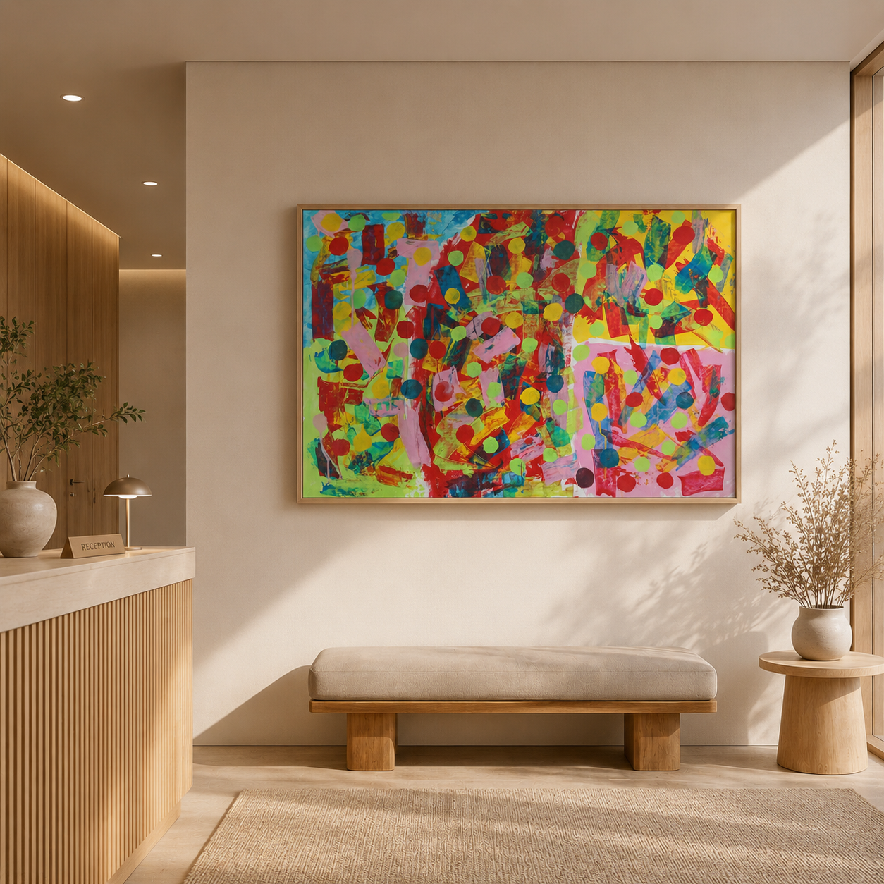 Abstraktes farbenfrohes Gemälde an einer Wand in einem Eingangsbereich, darunter ein gepolsterter Sitzbank, seitlich eine kleine Trittleiter mit Vase und Pflanze, auf der linken Seite eine Empfangstafel.