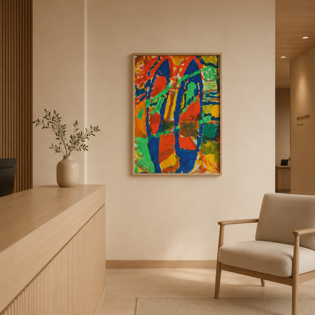 Ein Wartebereich im Stil eines modernen, minimalistischen Designs mit einem bunten abstrakten Gemälde an der Wand, einem weißen Sessel, einem kleinen Beistelltisch mit einer Vase und einem Zweig, und einem Pult aus hellen Holz. Im Hintergrund sind Hinweisschilder, die zu einem Besprechungsraum führen.