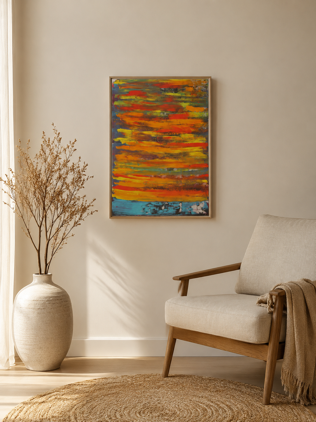 Gemütliches Wohnzimmer mit einem bunten abstrakten Gemälde an der Wand, einer großen weißen Vase mit Zweigen, einem beigen Sessel mit holzarmlen und einer Decke, einem runden natürlichen Fußbodenläufer.