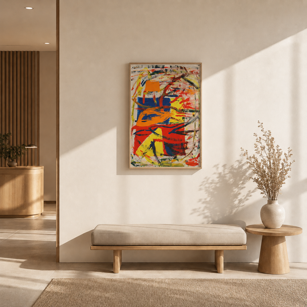 Moderner Eingangsbereich mit einem bunten abstrakten Gemälde an der Wand, einem beige Sitzbank, einem kleinen runden Beistelltisch mit Vase und Trockenpflanzen, mit natürlichem Sonnenlicht, Holzdekorationen im Hintergrund.