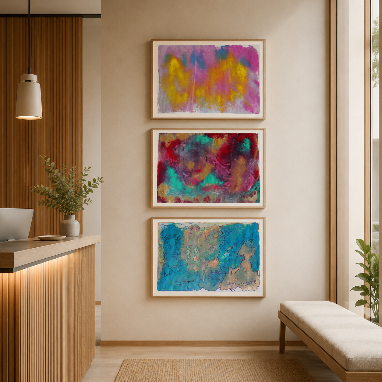 Drei abstrakte Gemälde in bunten Farben hängen an einer cremefarbenen Wand in einem modern eingerichteten Raum. Links ist eine Stehlampe und eine kleine Pflanze im Vasen auf einer Holztheke, rechts ein gepolsterter Sitz.