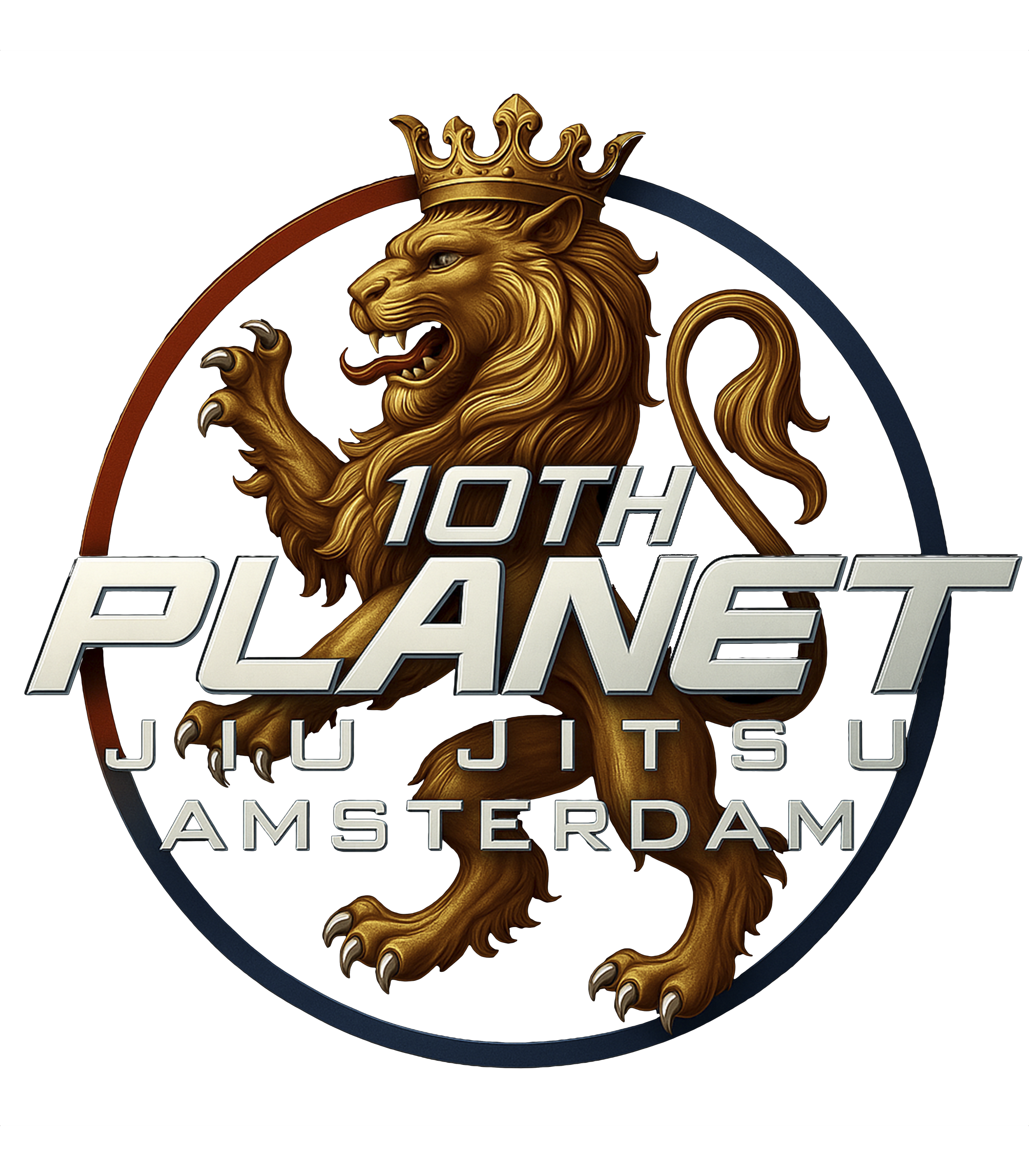 Logo for the 10th Planet Jiu Jitsu event in Amsterdam featuring a golden lion wearing a crown.