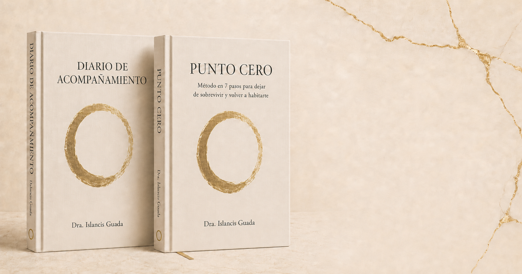 Portadas de los libros Punto Cero y Diario de Acompañamiento de la Dra. Islancis Guada, cada uno con un círculo dorado dibujado a mano en la cubierta