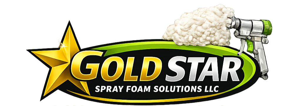 Logo for Gold Star Spray Foam Solutions LLC with a star, spray foam gun, and foam explosion