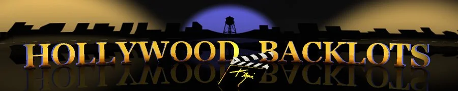 Illustration of Hollywood backlots with the text 'HOLLYWOOD BACKLOTS' in bold yellow and purple, featuring a reflective surface and a production light with a blue background.