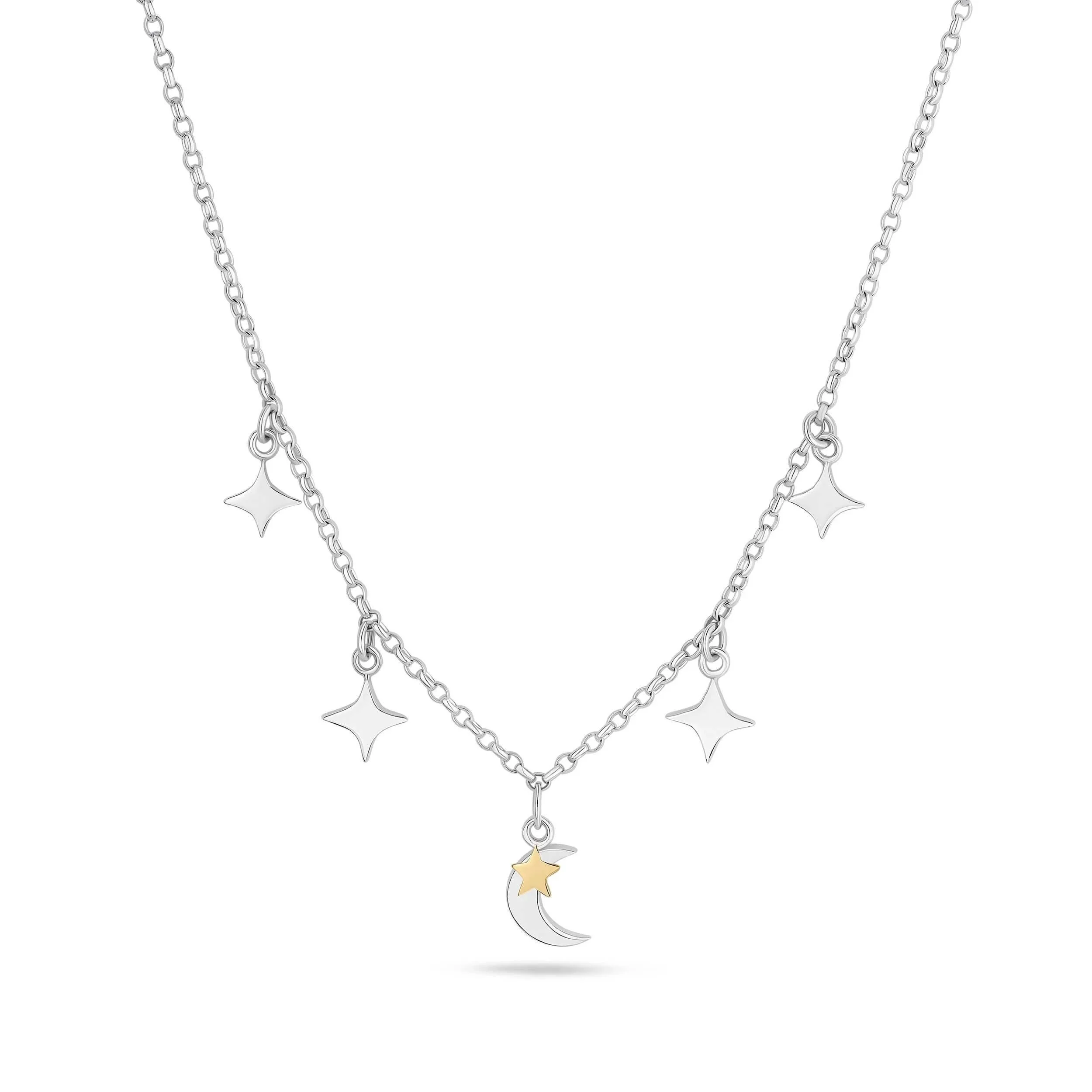 Silver necklace with four star-shaped charms and a crescent moon pendant featuring a small gold star.