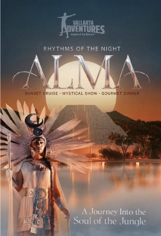 Poster for Vallarta Adventures' 'Rhythms of the Night' featuring a woman in tribal costume and headdress, with pyramids and sunset in the background.