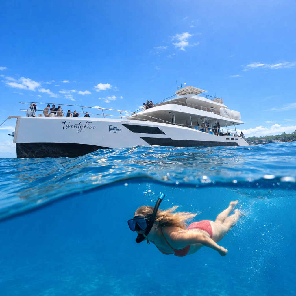 A yacht named Twentyfive floating on the ocean with people on board, viewed from beneath the water showing a woman snorkeling in the foreground.
