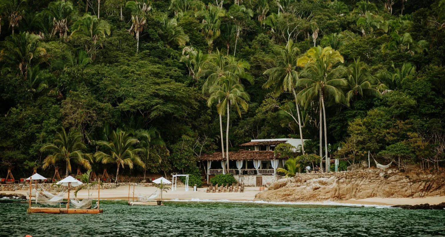 Beachfront with a white sandy shore, palm trees, a house with a deck, umbrellas, and lounge chairs, surrounded by lush green tropical forest