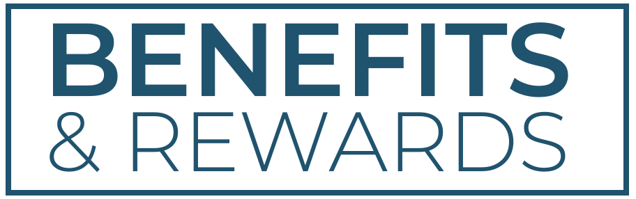 A graphic that says "Benefits & Rewards" in large, bold letters.