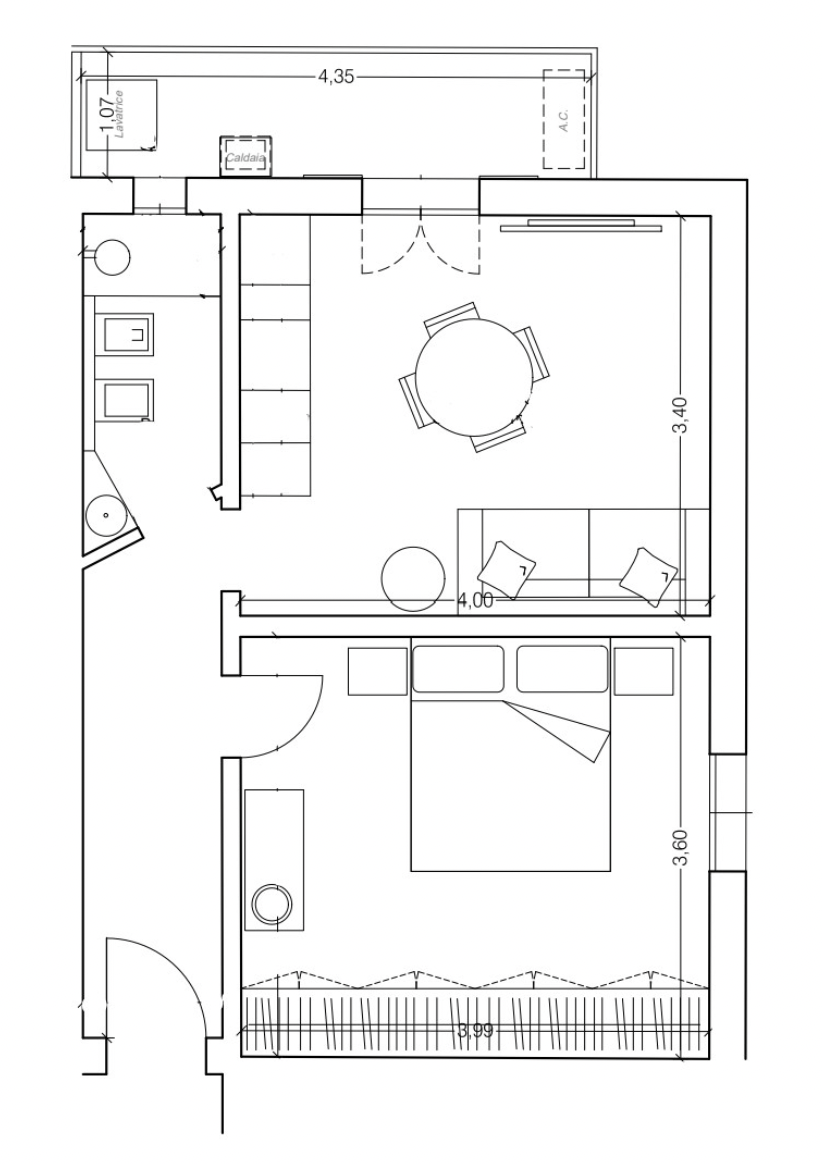 Pianta di un appartamento con una camera da letto, soggiorno, cucina, bagno e balcone.