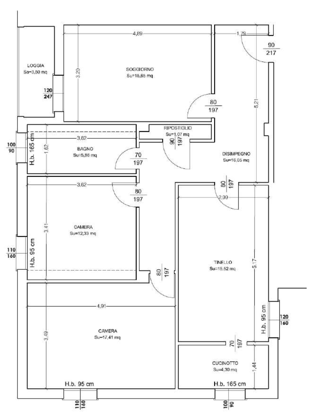 Pianta di un appartamento con varie stanze, tra cui soggiorno, cucina, camere, bagno, loggia, tinello e disimpegno.