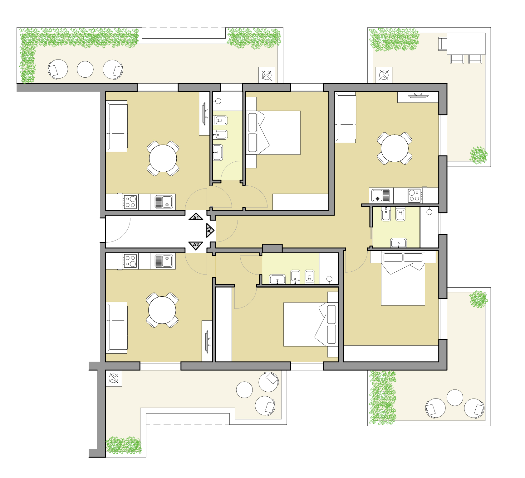 Pianta di un appartamento con tre camere da letto, due bagni, soggiorno, cucina e terrazzi con mobili e giardini decorativi.
