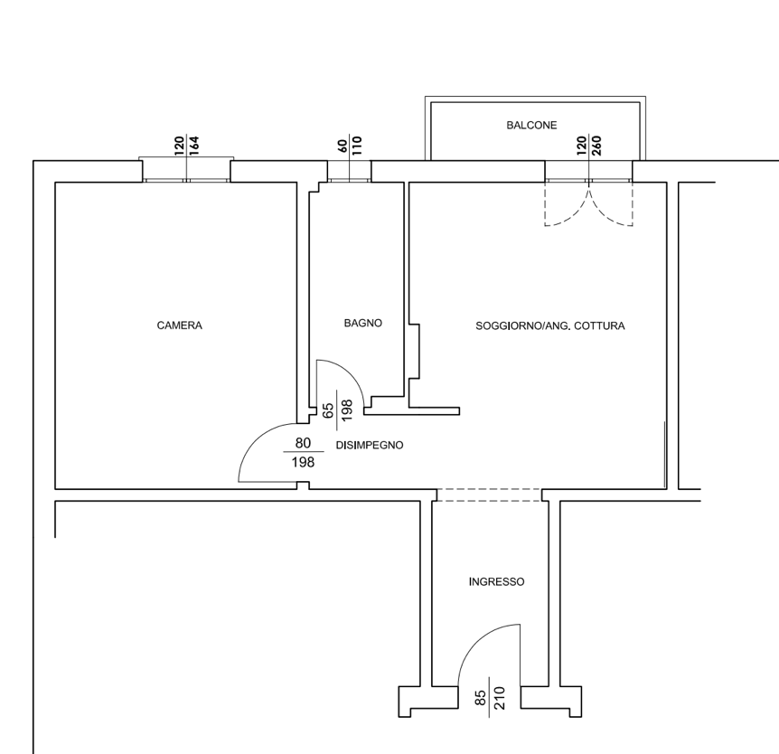Pianta di un appartamento con ingresso, soggiorno con angolo cottura, balcone, bagno, camera da letto e disimpegno.