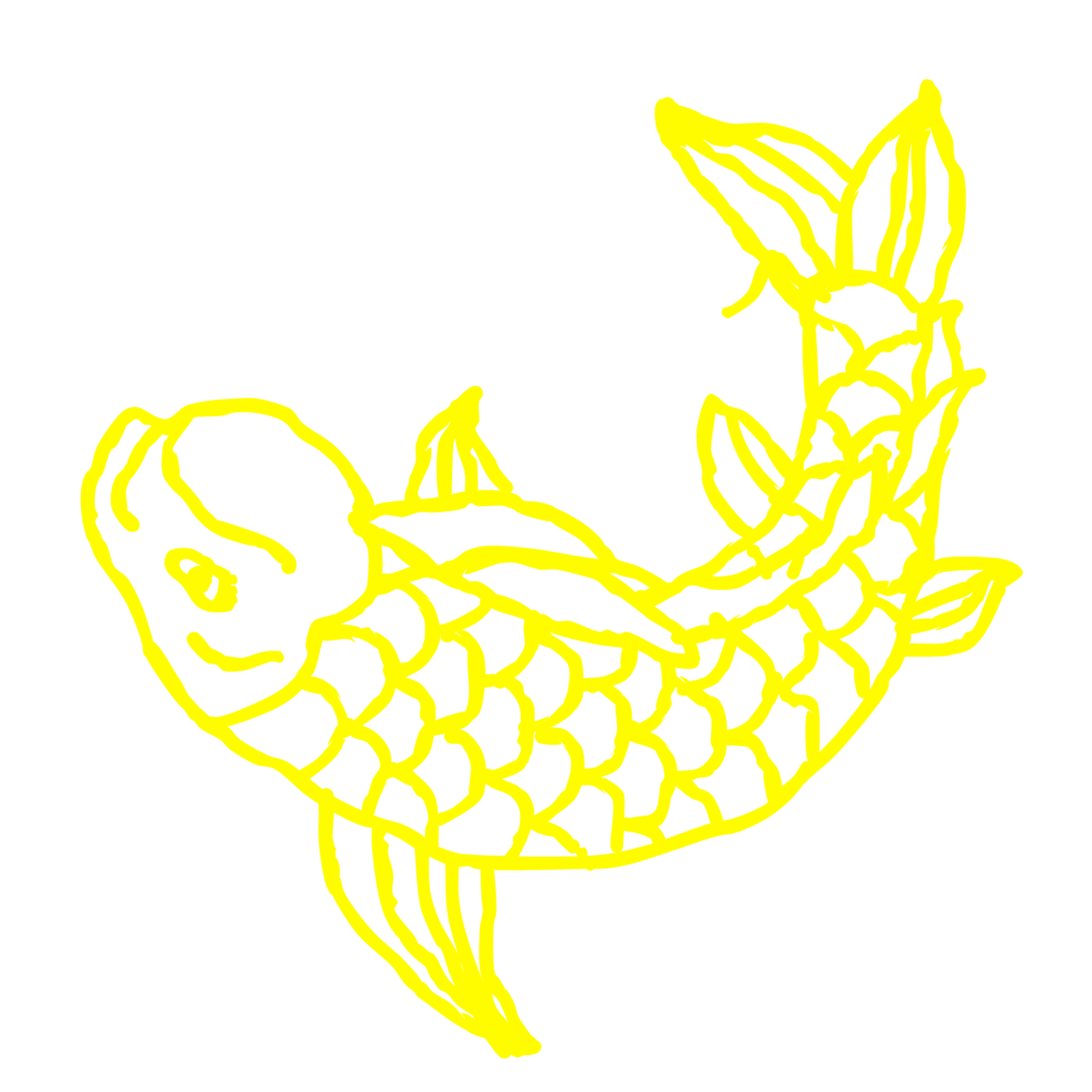 Yellow line drawing of a koi fish on a white background.