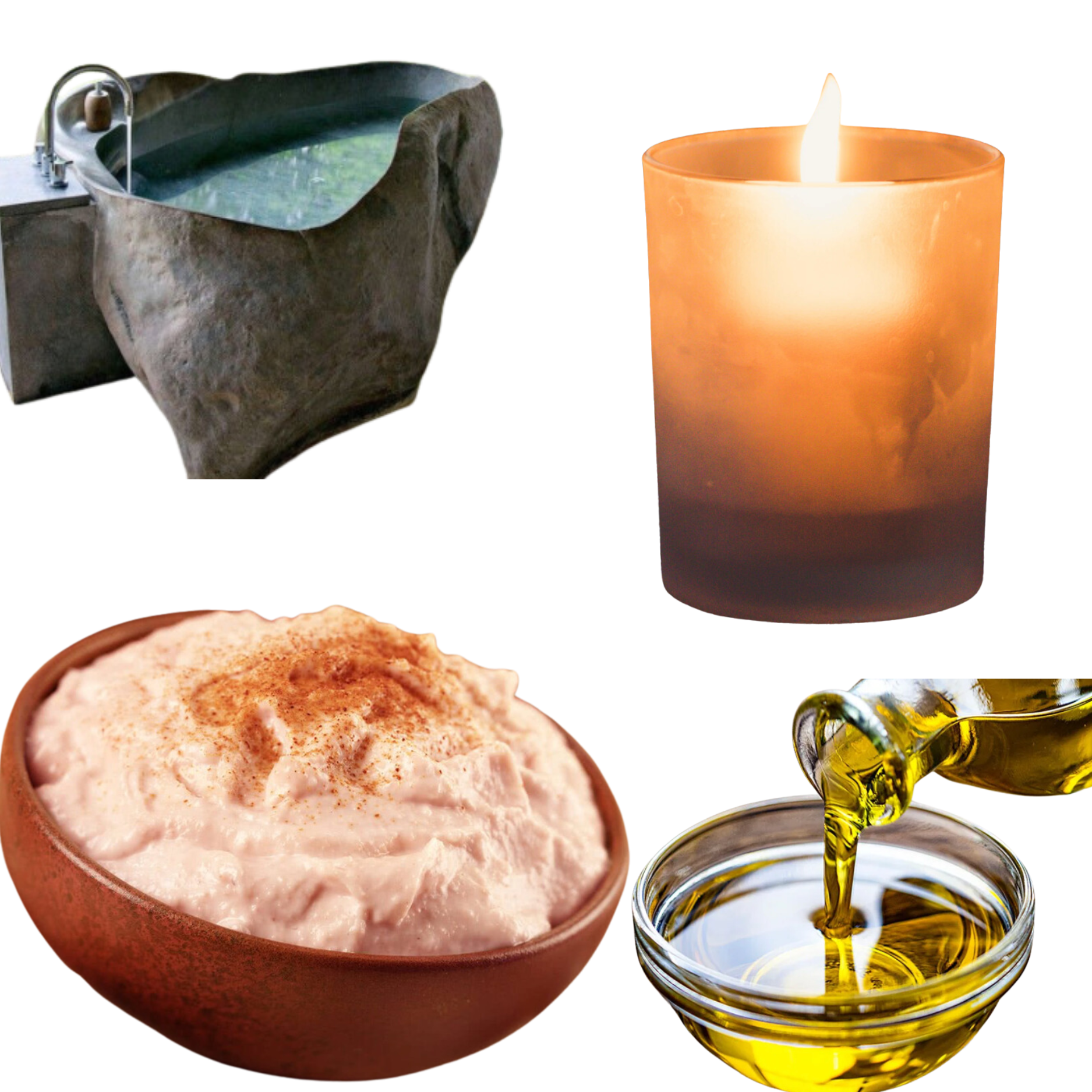 Composite image featuring a stone water fountain, a lit candle, a bowl of creamy whipped substance, and oil being poured into a glass dish.
