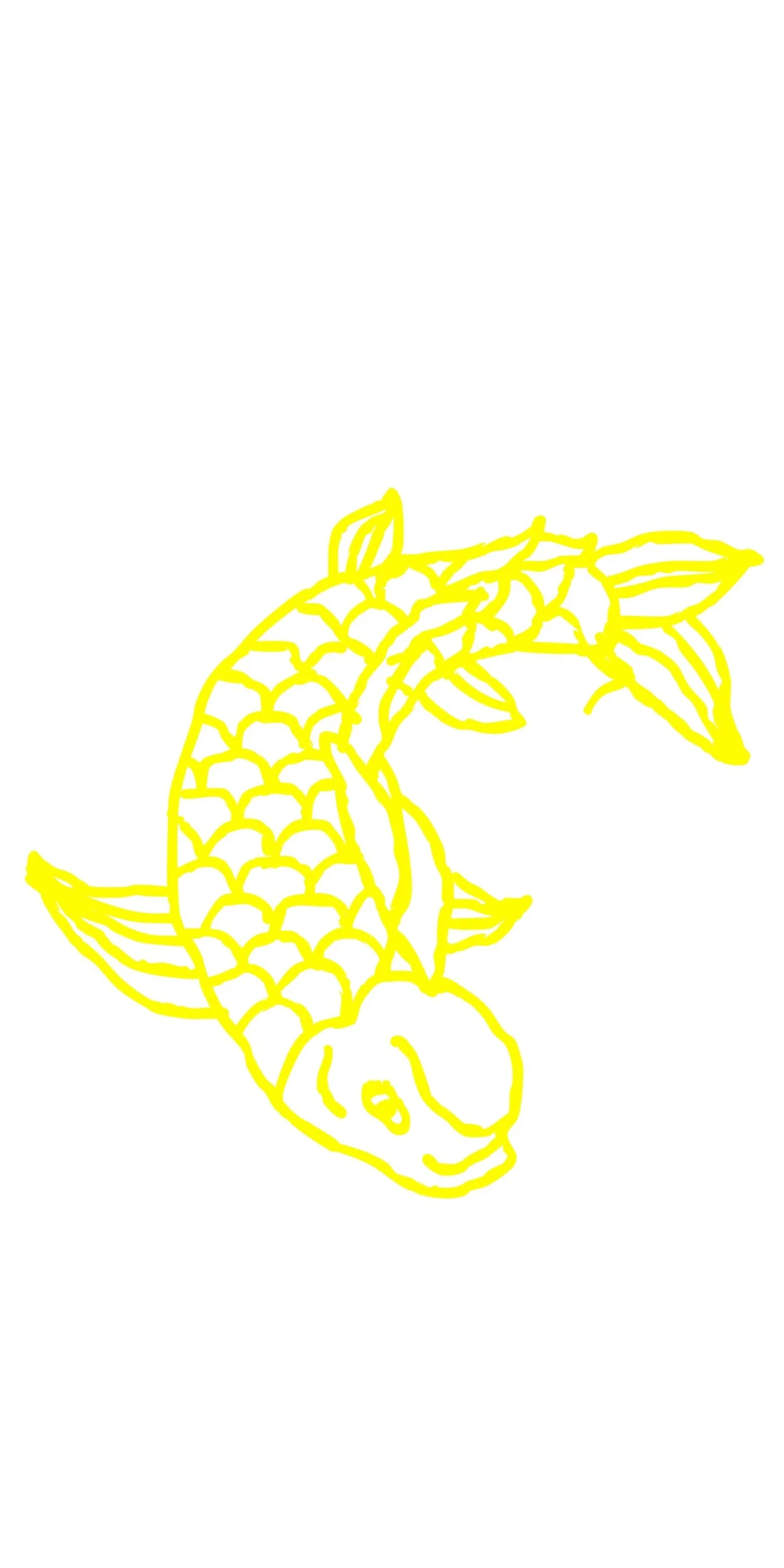 Yellow line drawing of a koi fish on a white background.