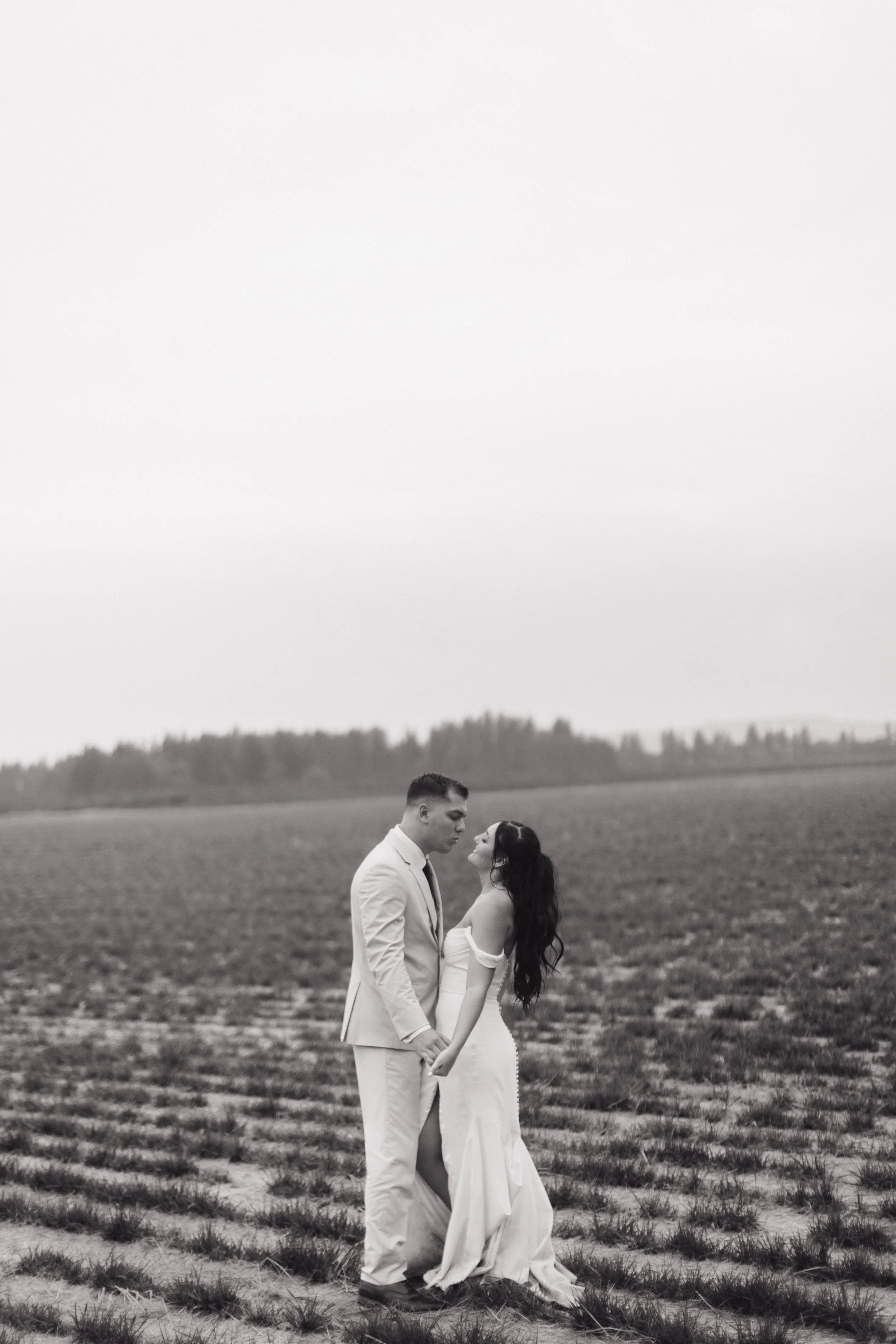 A black and white photo of a couple in wedding attire holding hands in a field, gazing into each other's eyes.