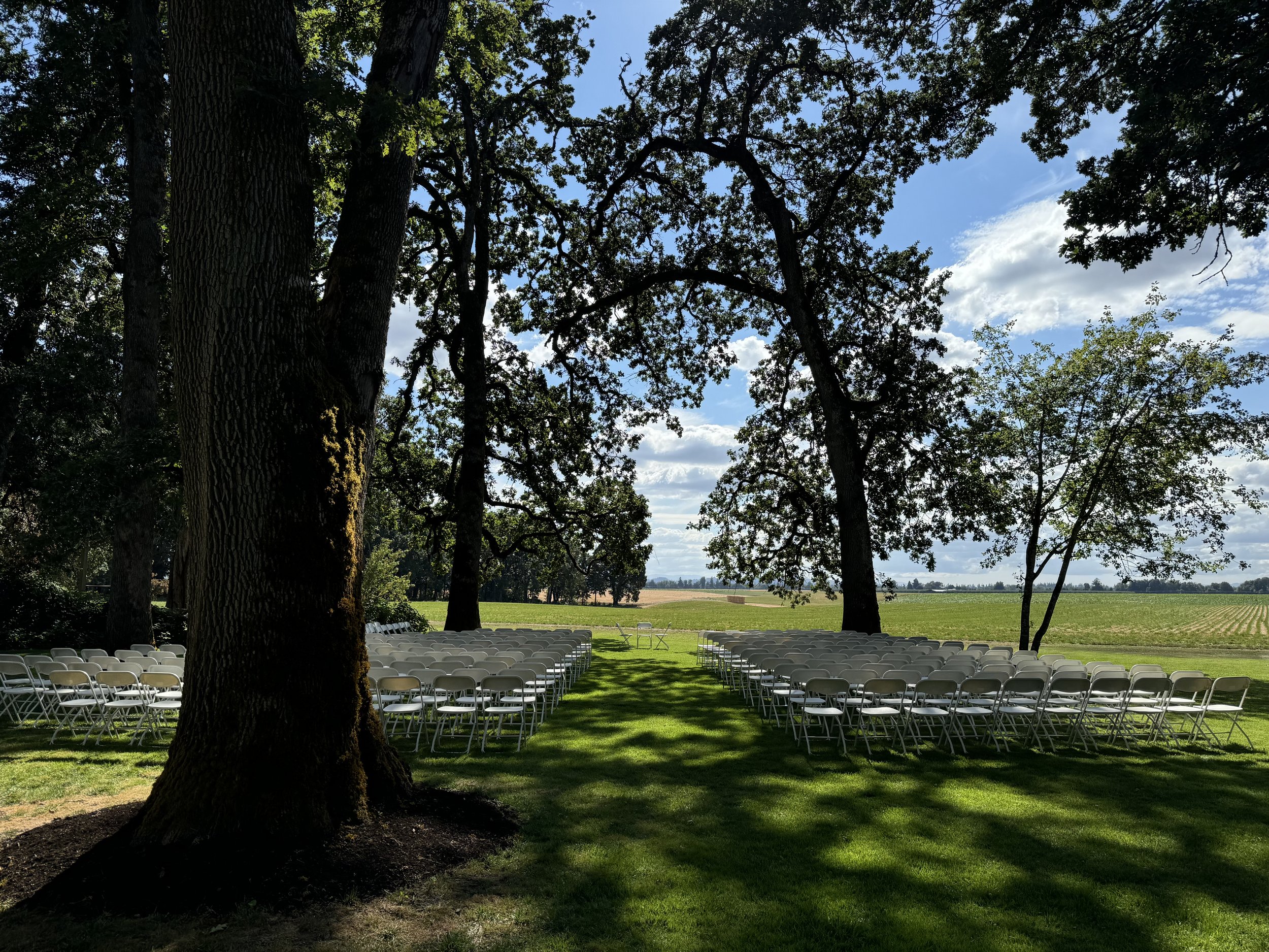 Outdoor wedding ceremony setup with rows of white folding chairs arranged on a grassy area under large trees, with a distant field and blue sky with clouds.