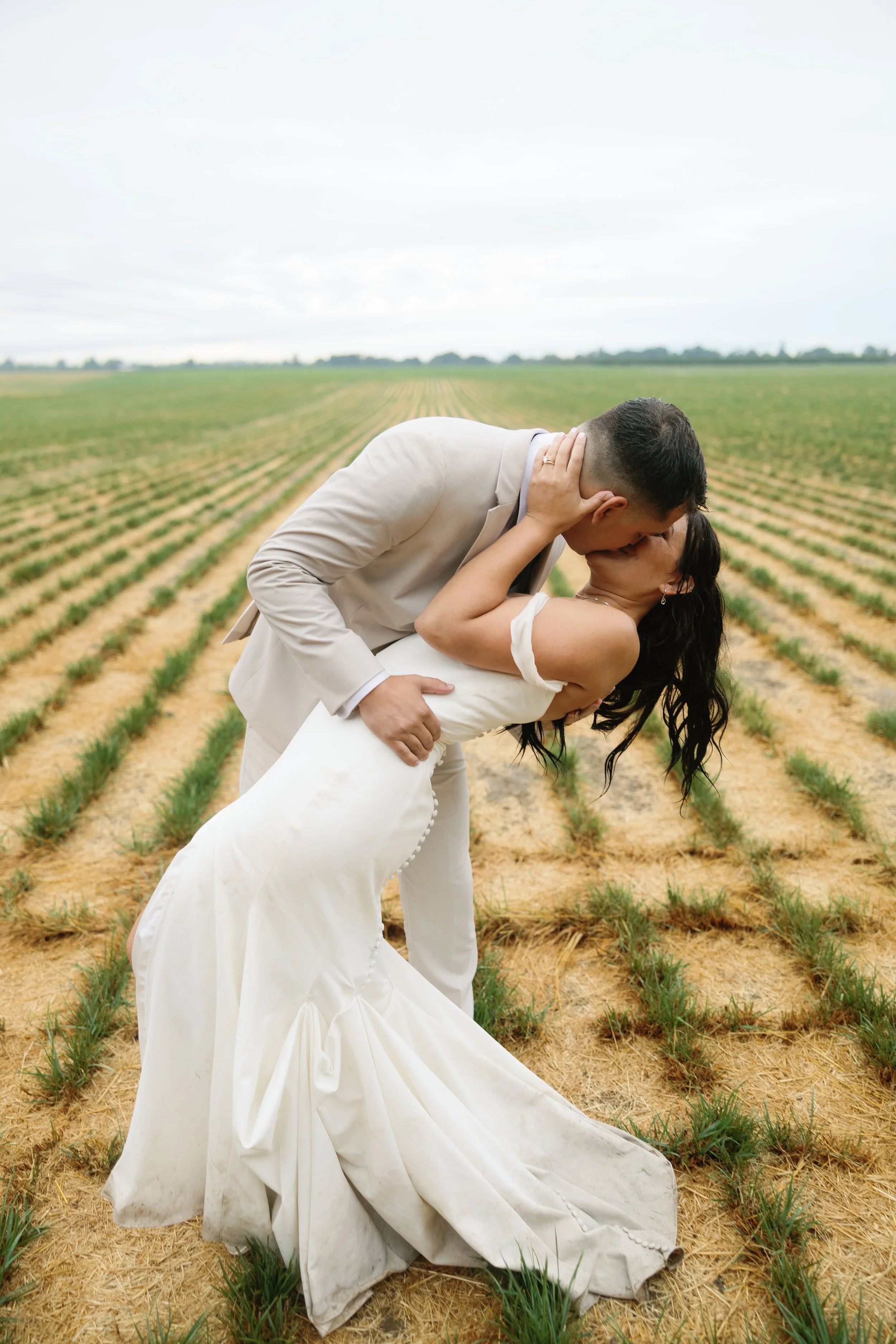 A wedding couple kissing in a field with rows of plants and a cloudy sky.
