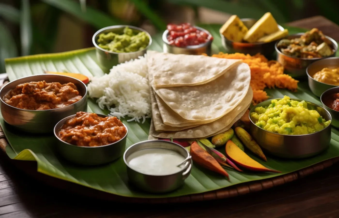 Traditional Indian thali with various dishes including rice, chapati, dal, chutneys, and vegetables arranged on a banana leaf.