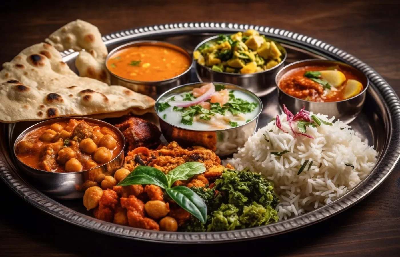 A traditional Indian thali with various dishes including rice, naan bread, chickpea curry, vegetable dishes, yogurt, and spicy sauces, all served on a round metal tray.