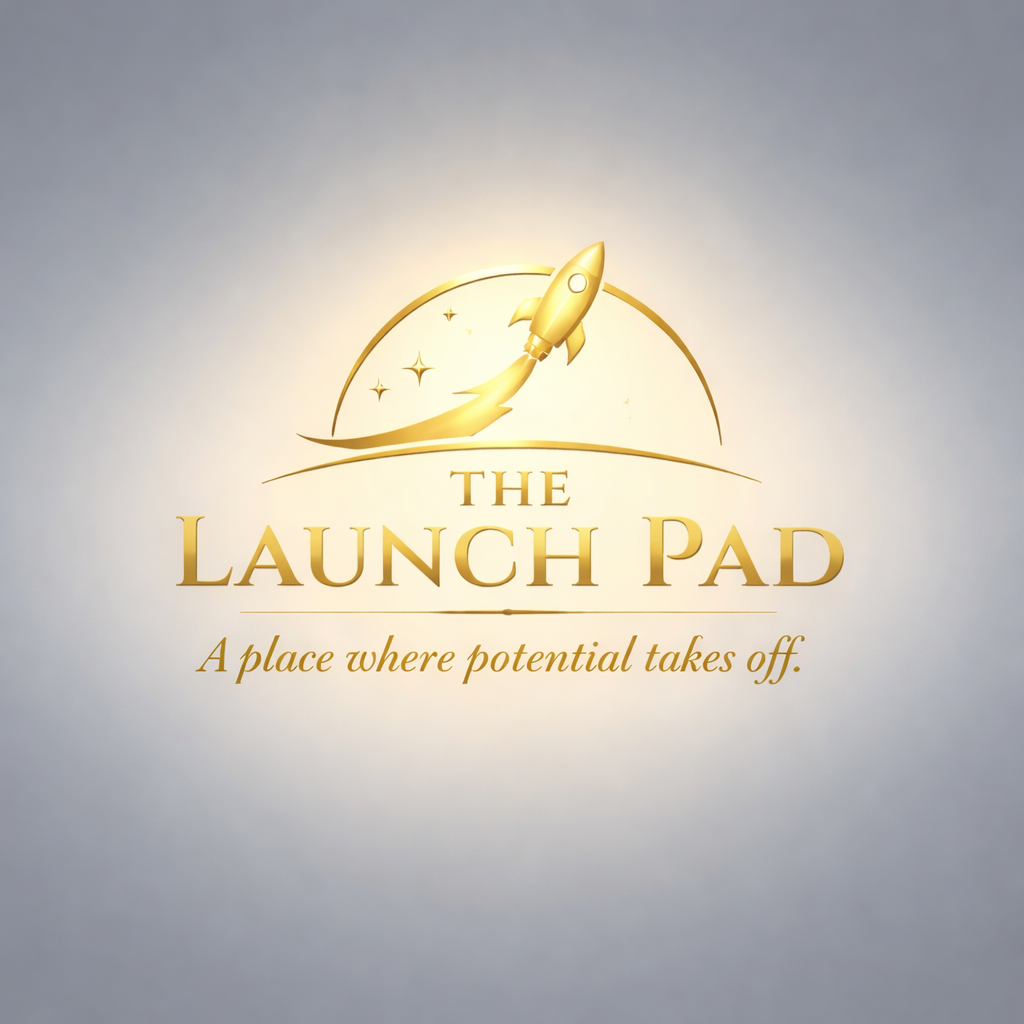 A logo with a gold rocket launching into space, surrounded by stars, above the text 'The Launch Pad' and the tagline 'A place where potential takes off'.