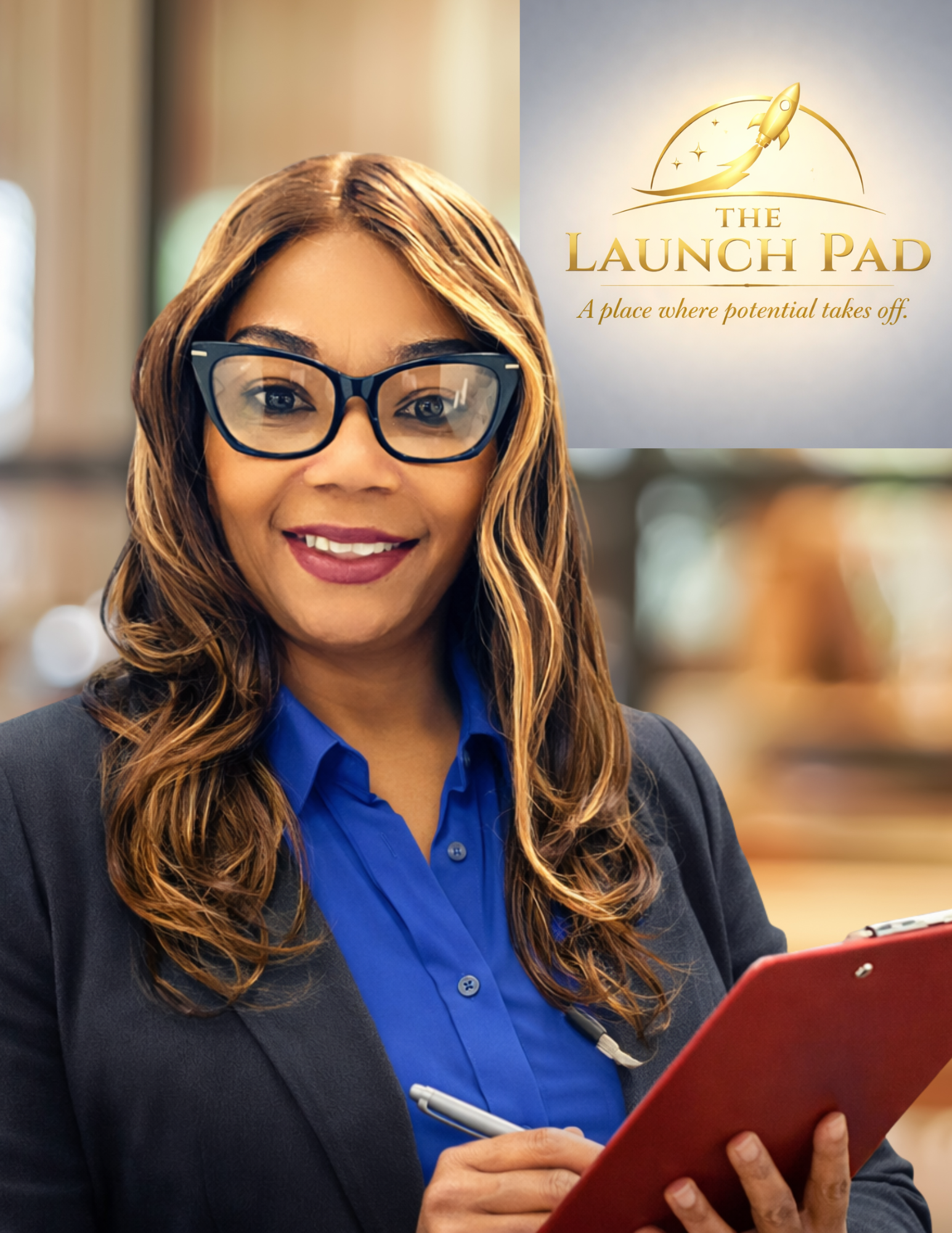 A woman with wavy brown hair, wearing glasses, a blue shirt, and a dark blazer, holding a red clipboard and pen, smiling in an indoor setting. In the background, there is a sign that reads 'The Launch Pad' with a rocket logo and a tagline 'A place where potential takes off.'