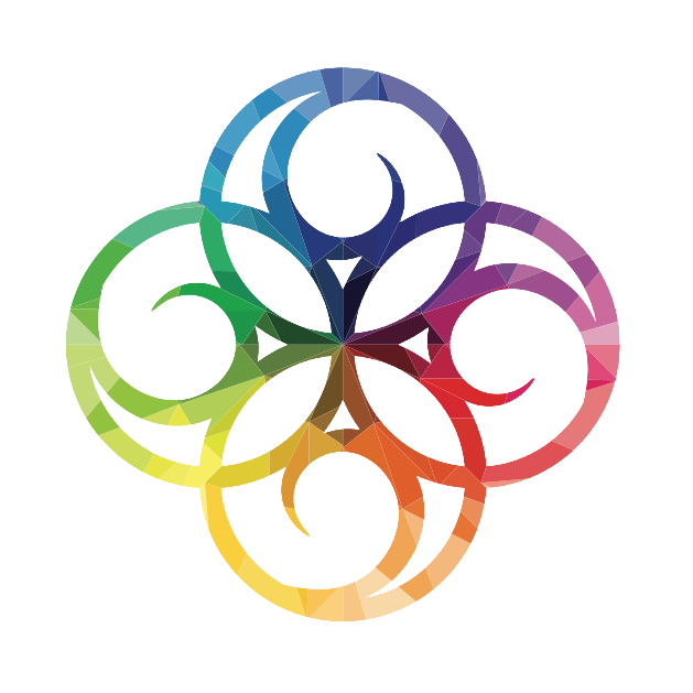 Colorful circular abstract design with intertwining shapes in blue, purple, red, orange, yellow, and green.