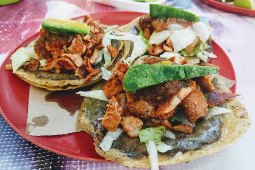 Panuchos topped with meat, avocado and cabbage on a red plate at a Mérida market