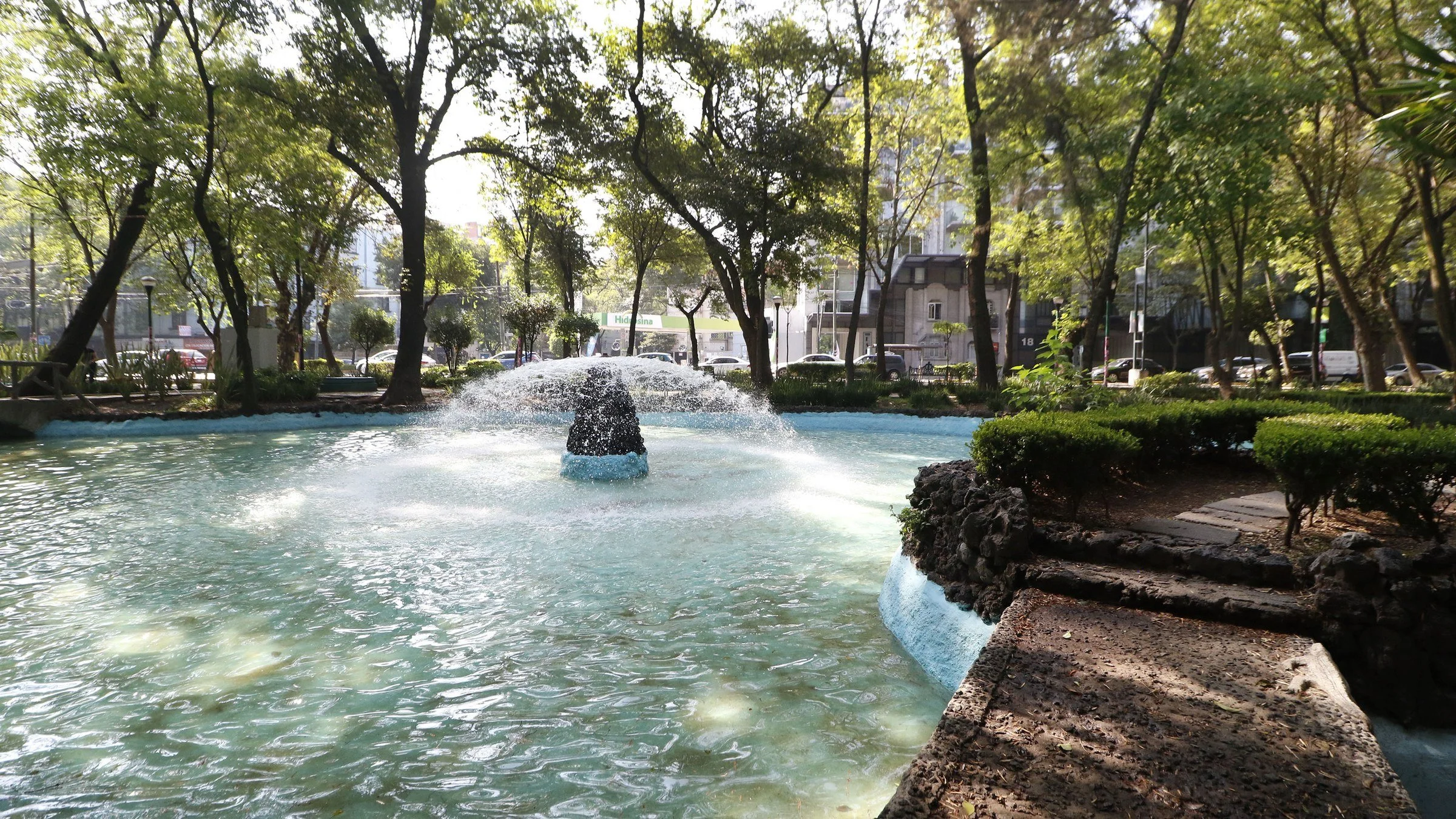 Fountain and trees at Parque España, Mexico City